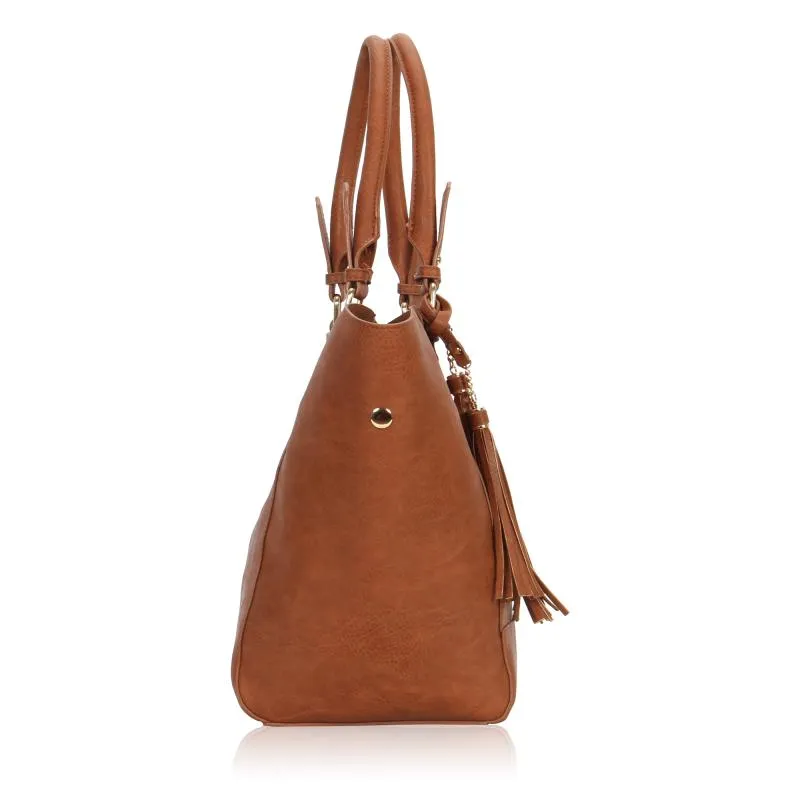 Leather Brown Shoulder Handbag Set For Ladies