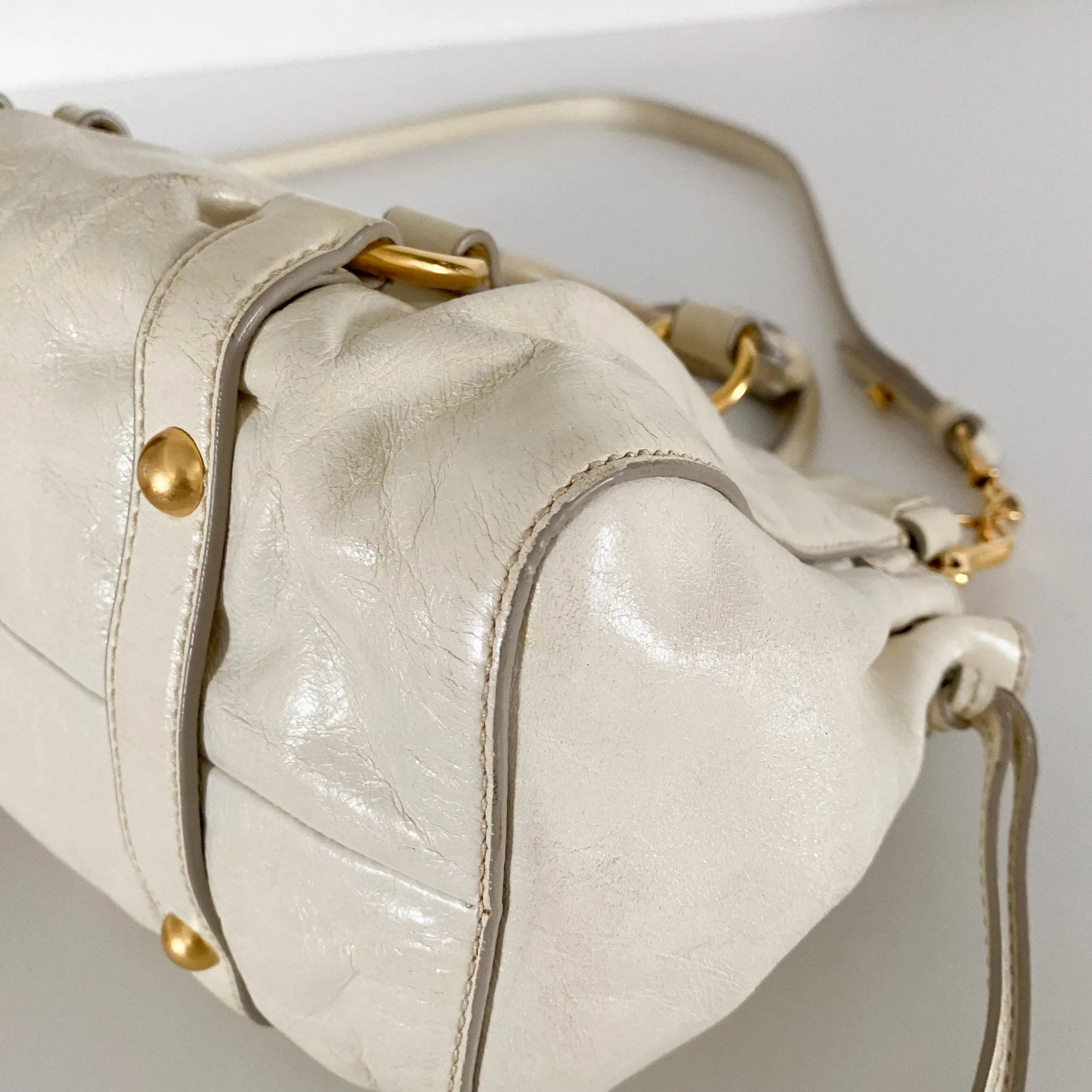 Leather Neutral Gathered Handle Shoulder Bag