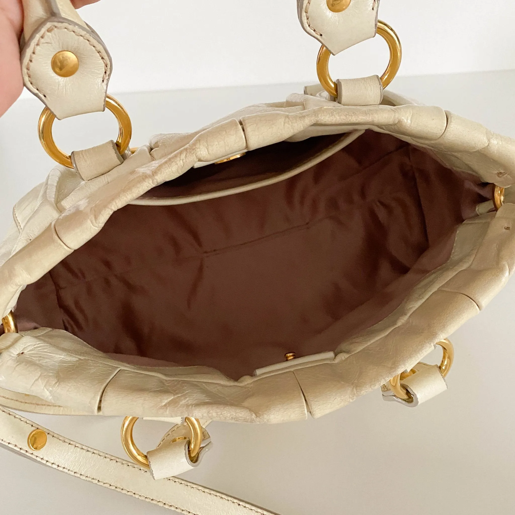 Leather Neutral Gathered Handle Shoulder Bag