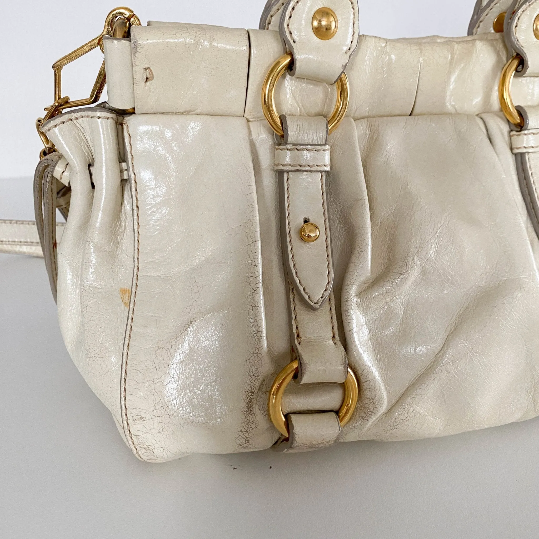 Leather Neutral Gathered Handle Shoulder Bag