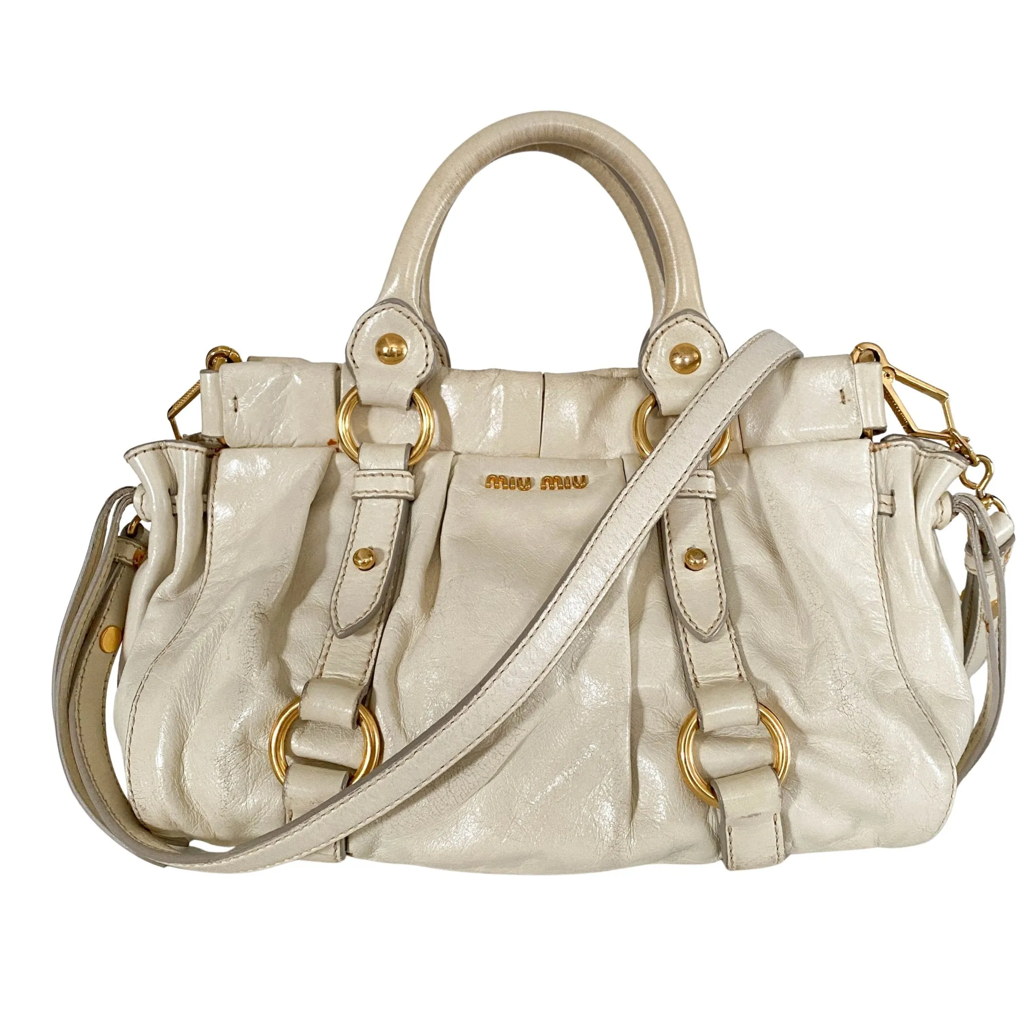 Leather Neutral Gathered Handle Shoulder Bag