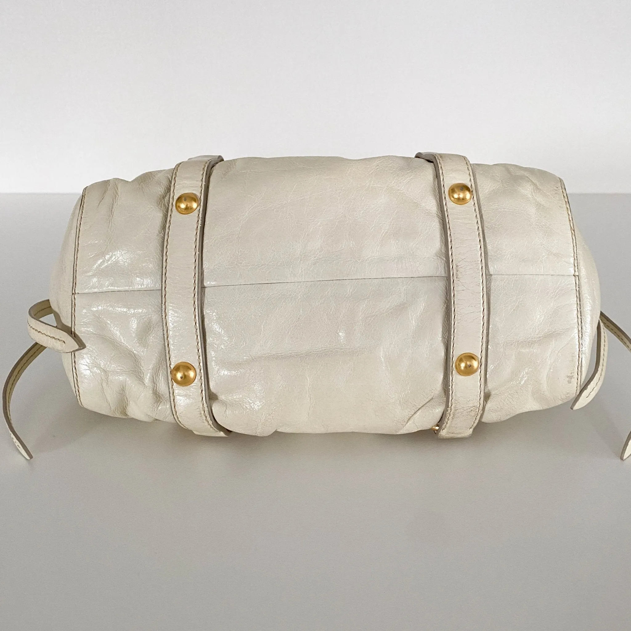 Leather Neutral Gathered Handle Shoulder Bag