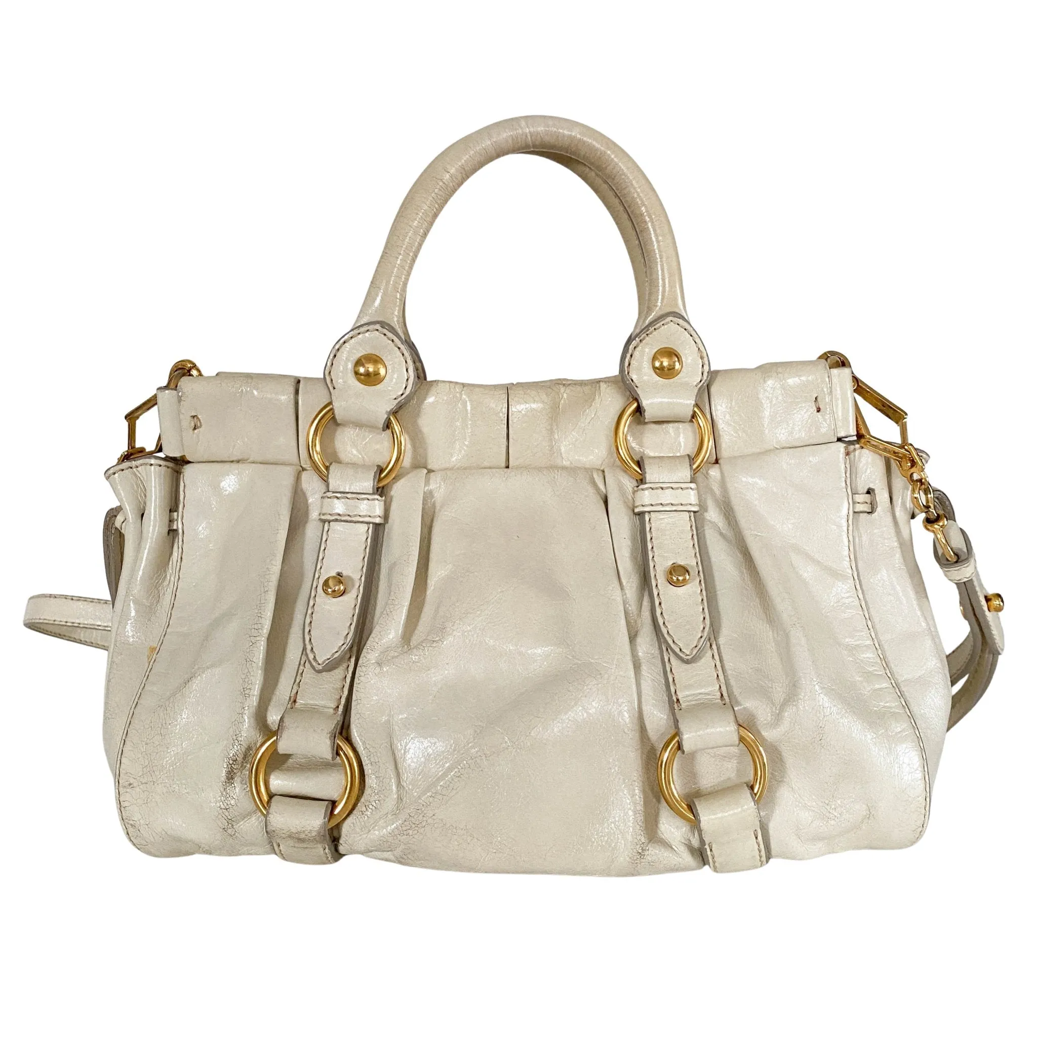 Leather Neutral Gathered Handle Shoulder Bag