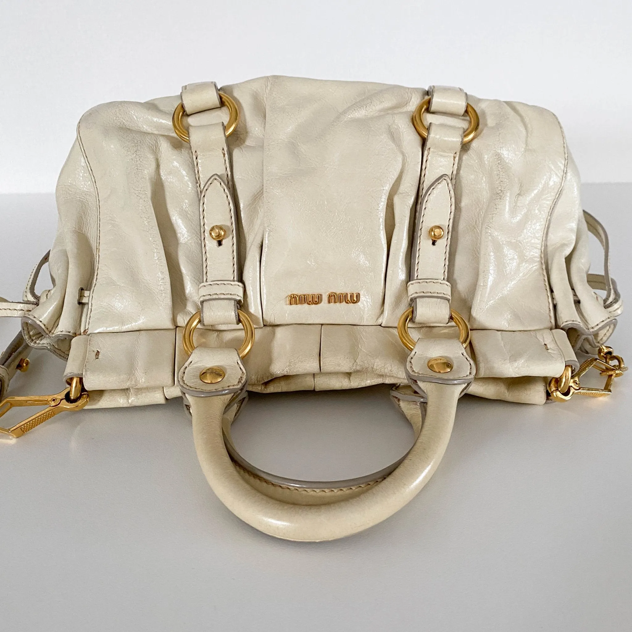 Leather Neutral Gathered Handle Shoulder Bag