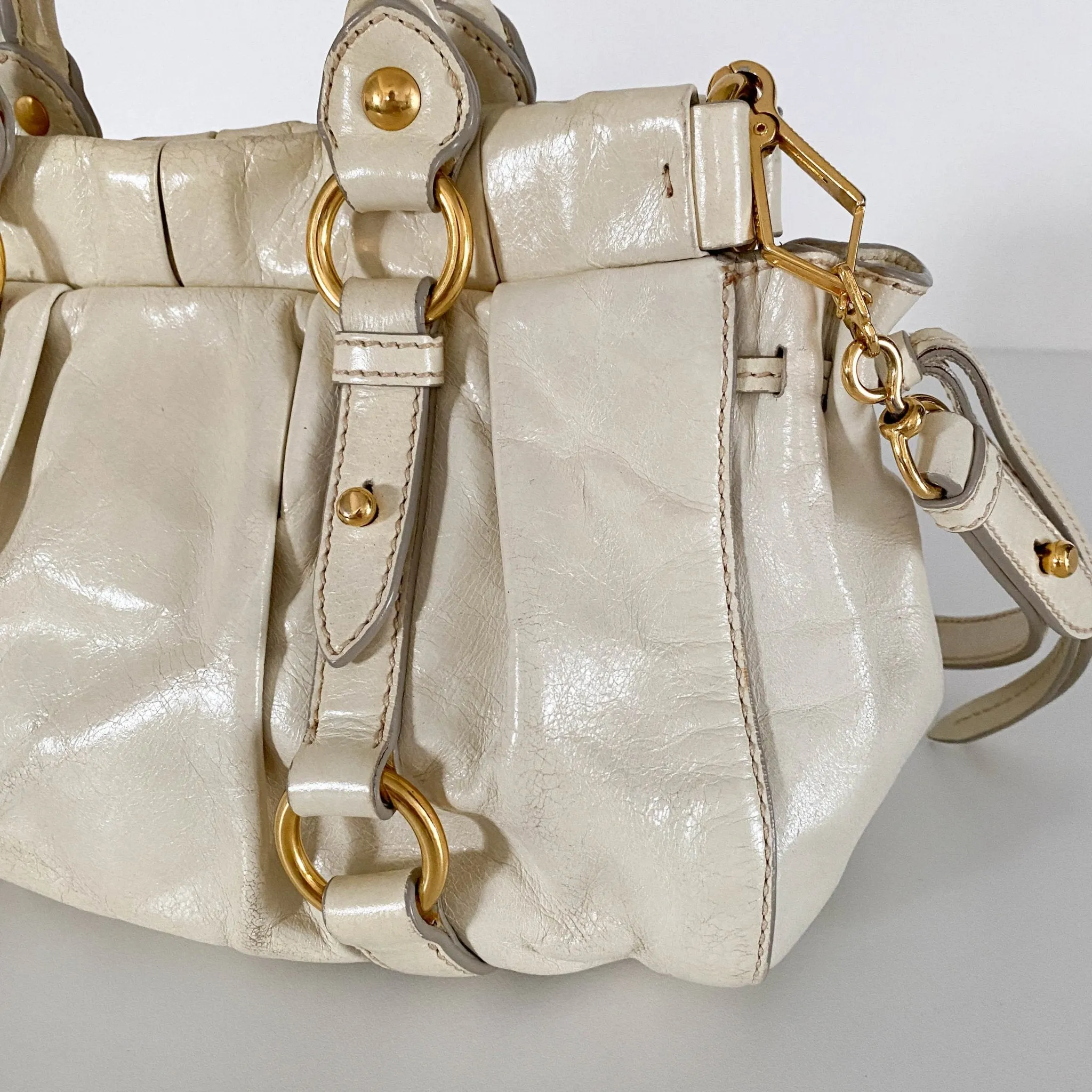 Leather Neutral Gathered Handle Shoulder Bag