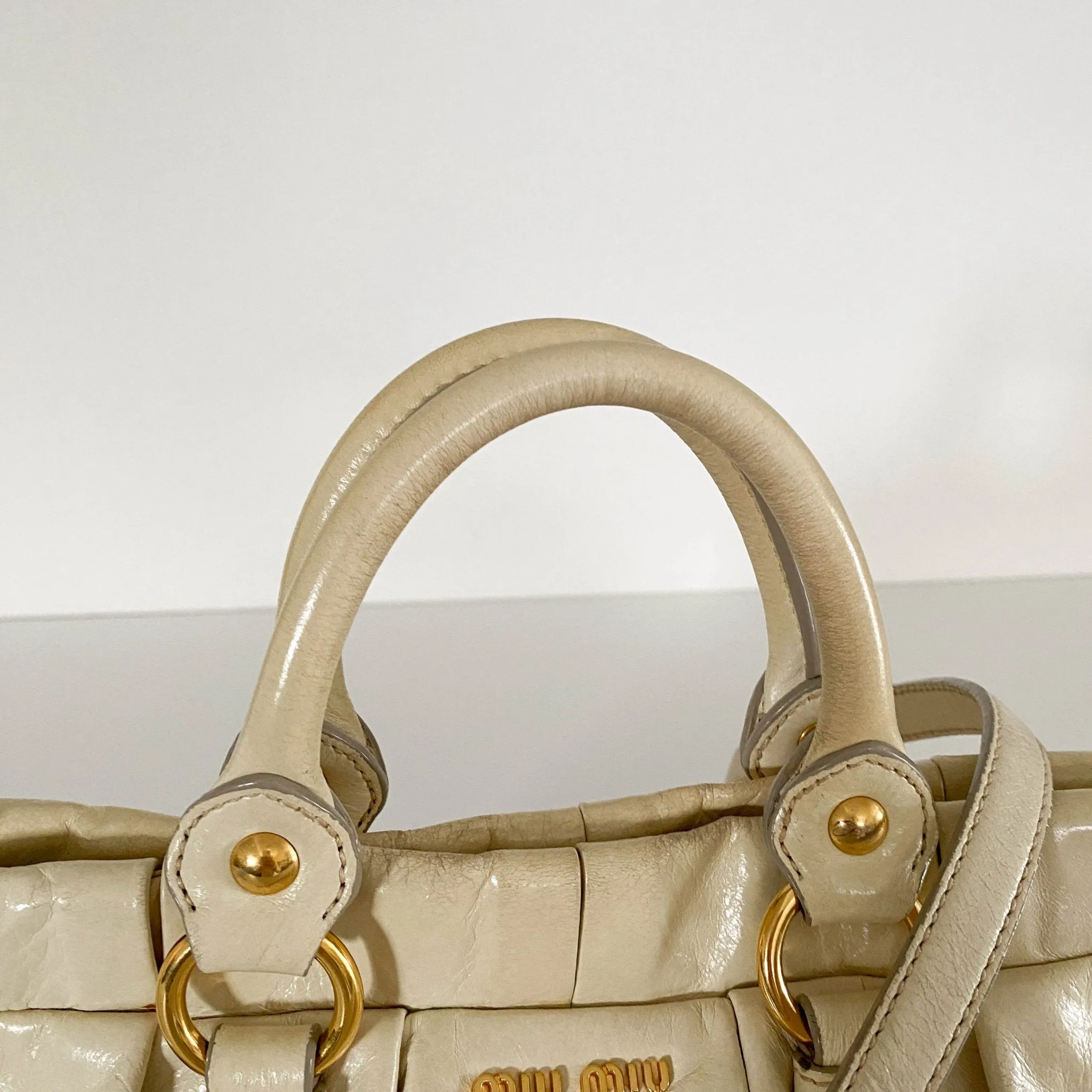 Leather Neutral Gathered Handle Shoulder Bag
