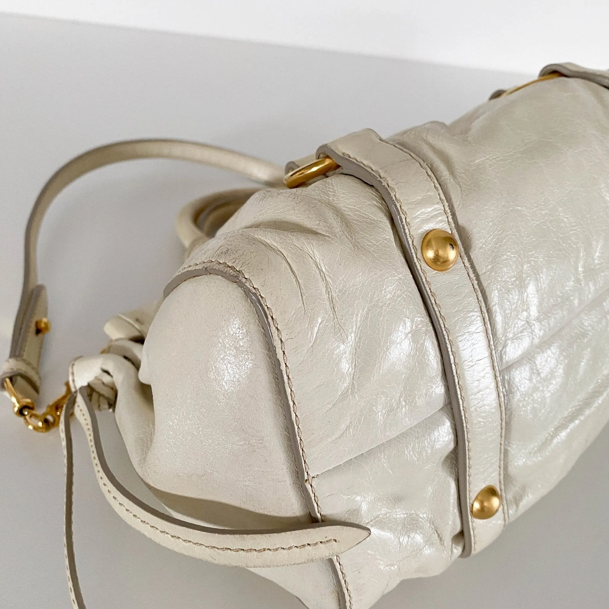 Leather Neutral Gathered Handle Shoulder Bag