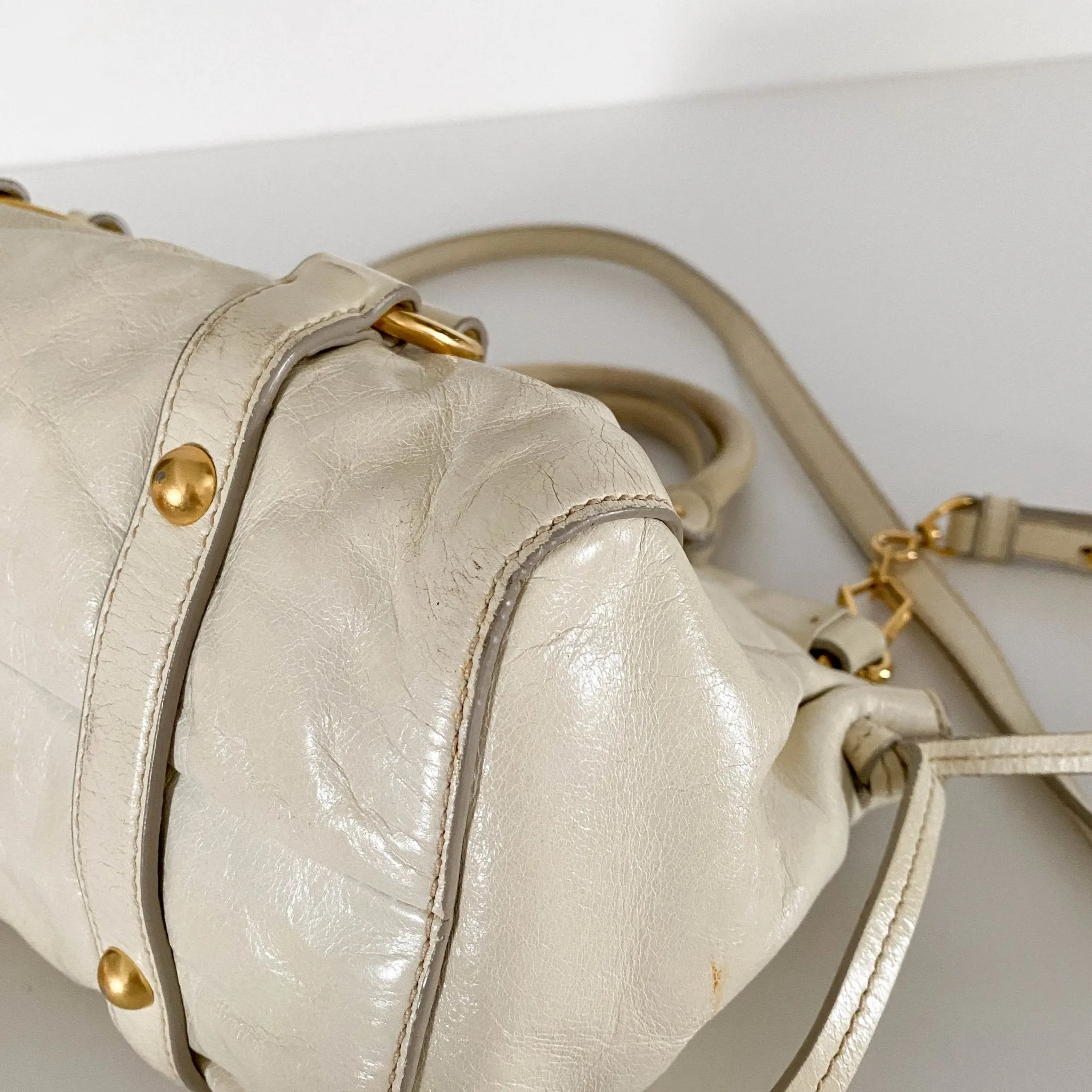 Leather Neutral Gathered Handle Shoulder Bag