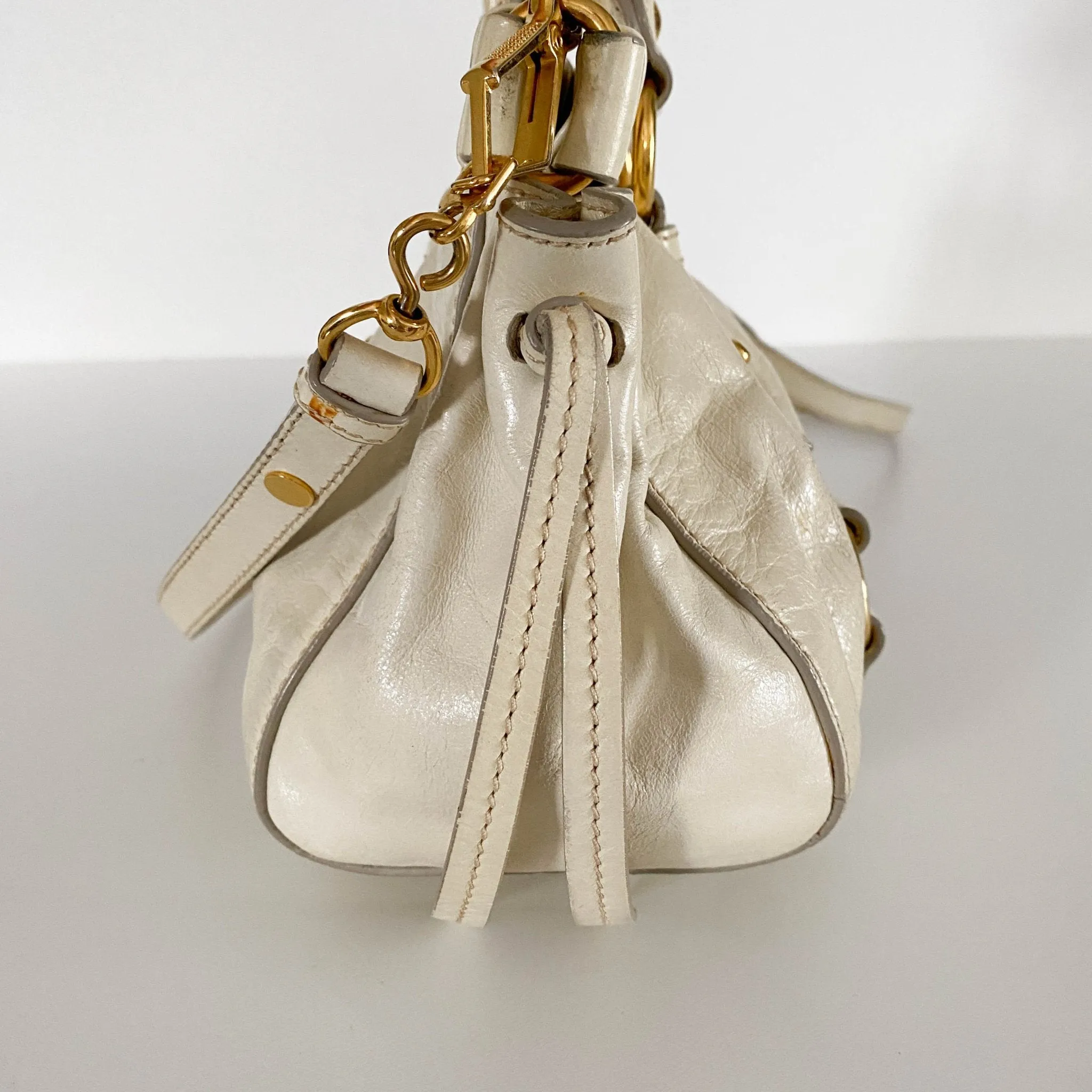 Leather Neutral Gathered Handle Shoulder Bag