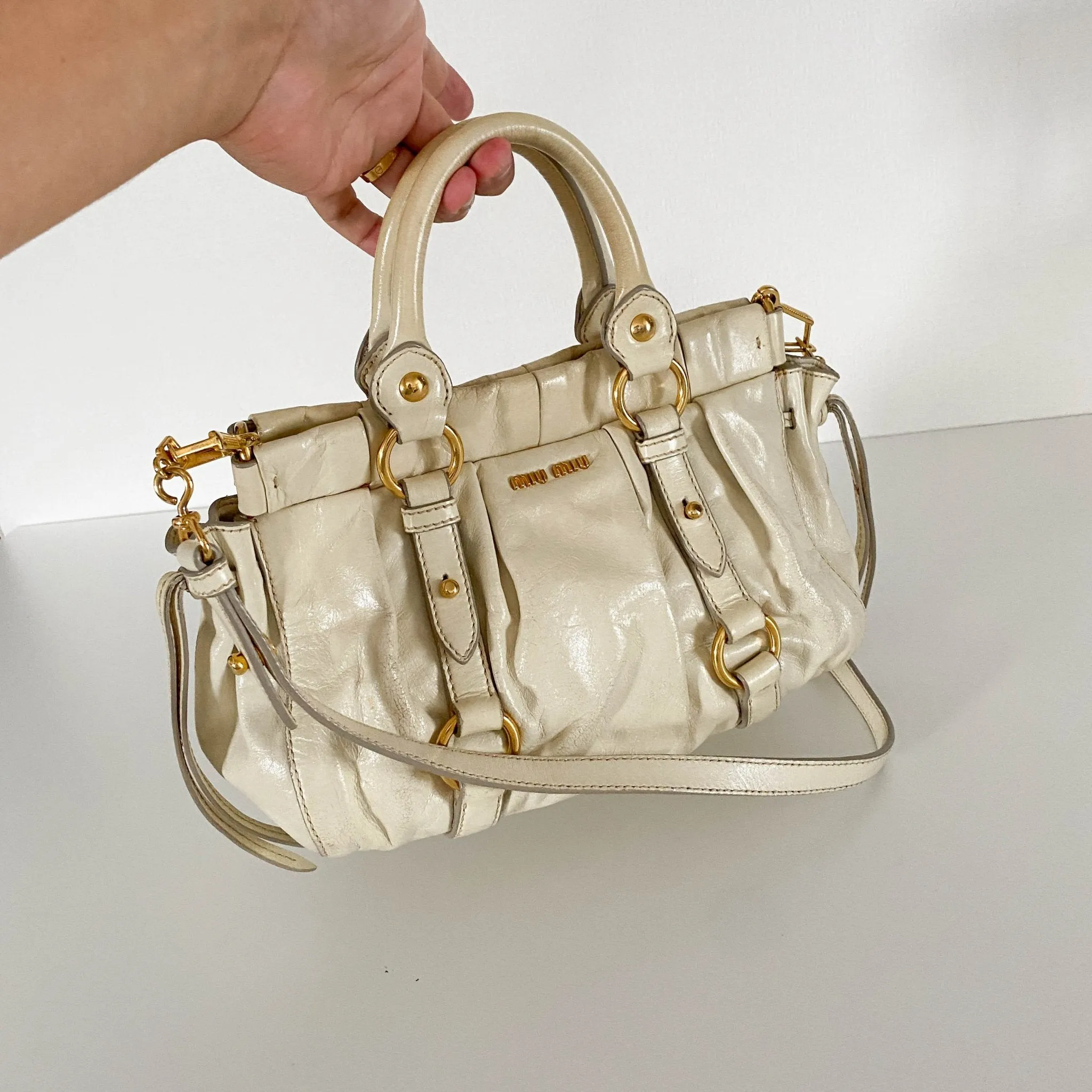 Leather Neutral Gathered Handle Shoulder Bag