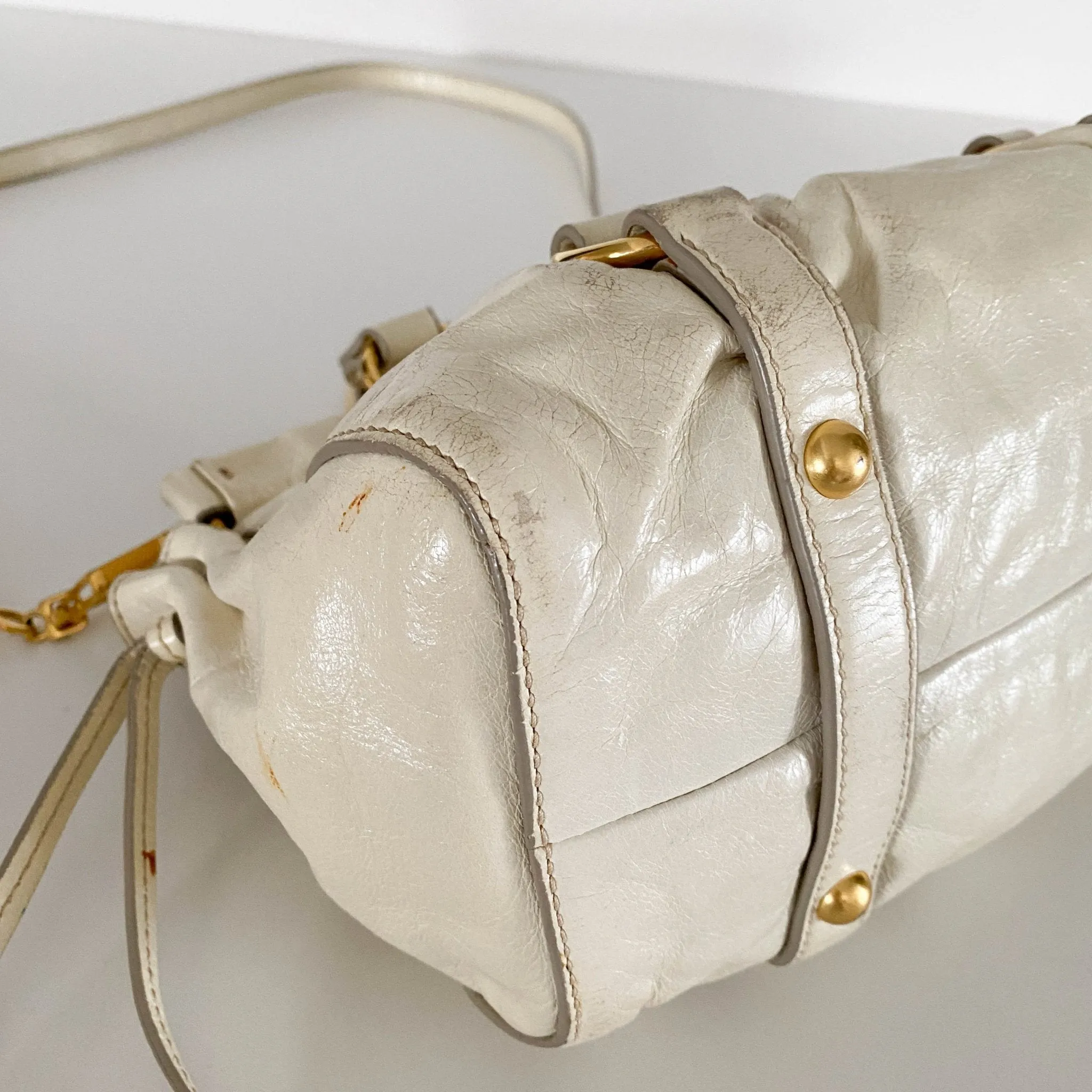 Leather Neutral Gathered Handle Shoulder Bag