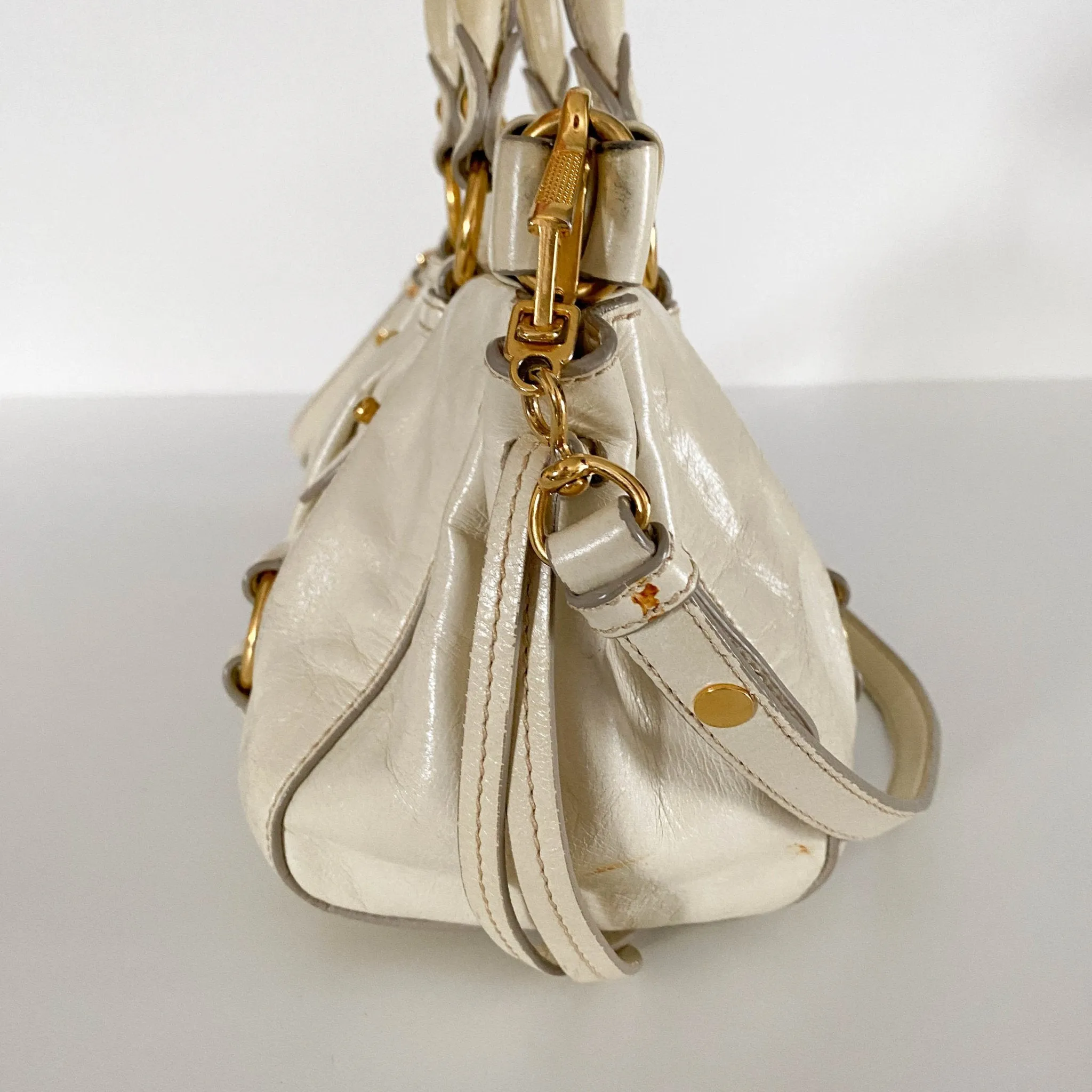 Leather Neutral Gathered Handle Shoulder Bag