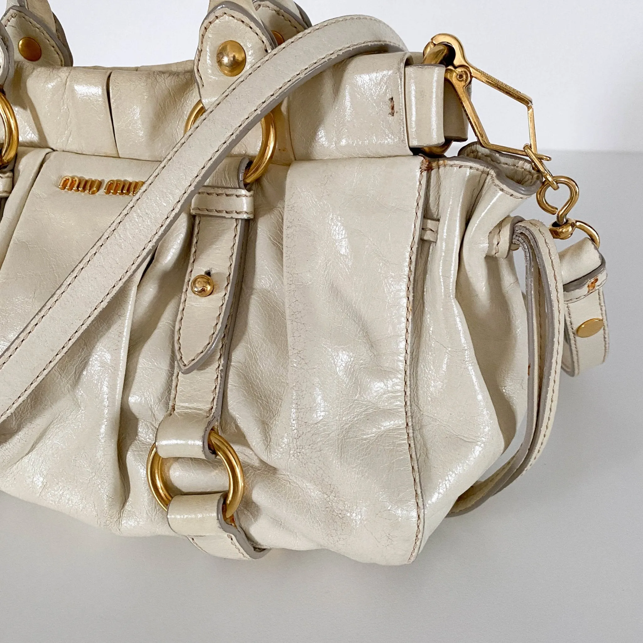 Leather Neutral Gathered Handle Shoulder Bag