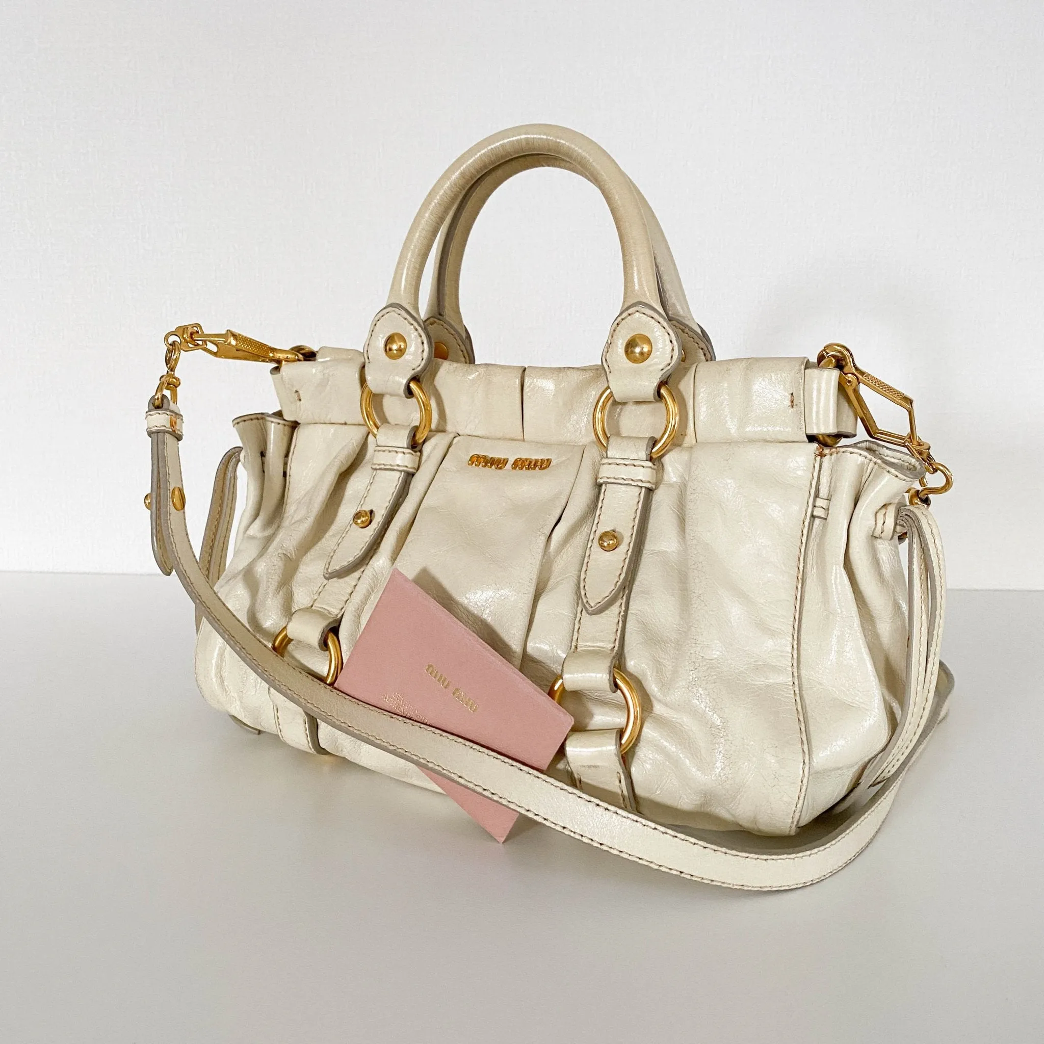 Leather Neutral Gathered Handle Shoulder Bag