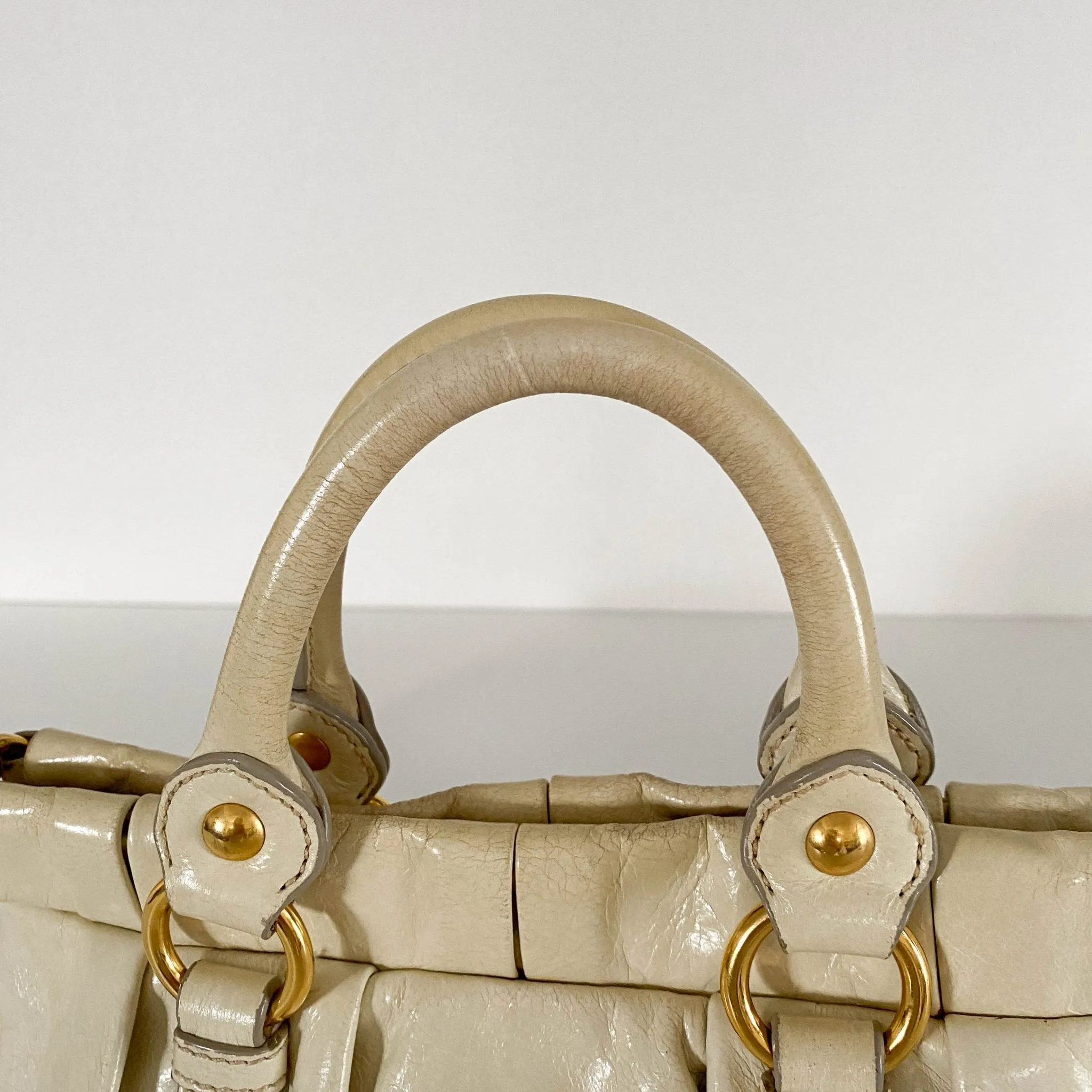 Leather Neutral Gathered Handle Shoulder Bag
