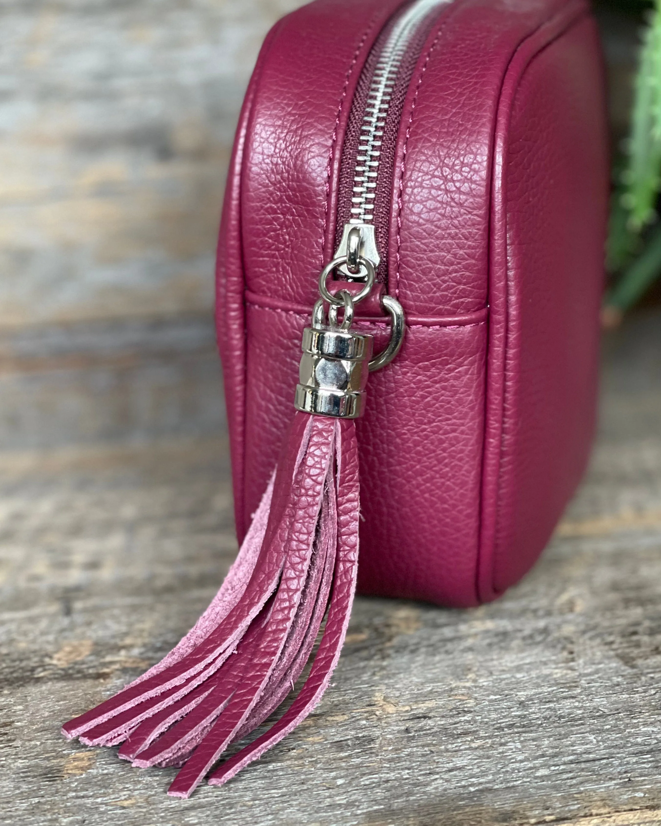 Leather Tassel Bag - Burgundy With Silver Finishings