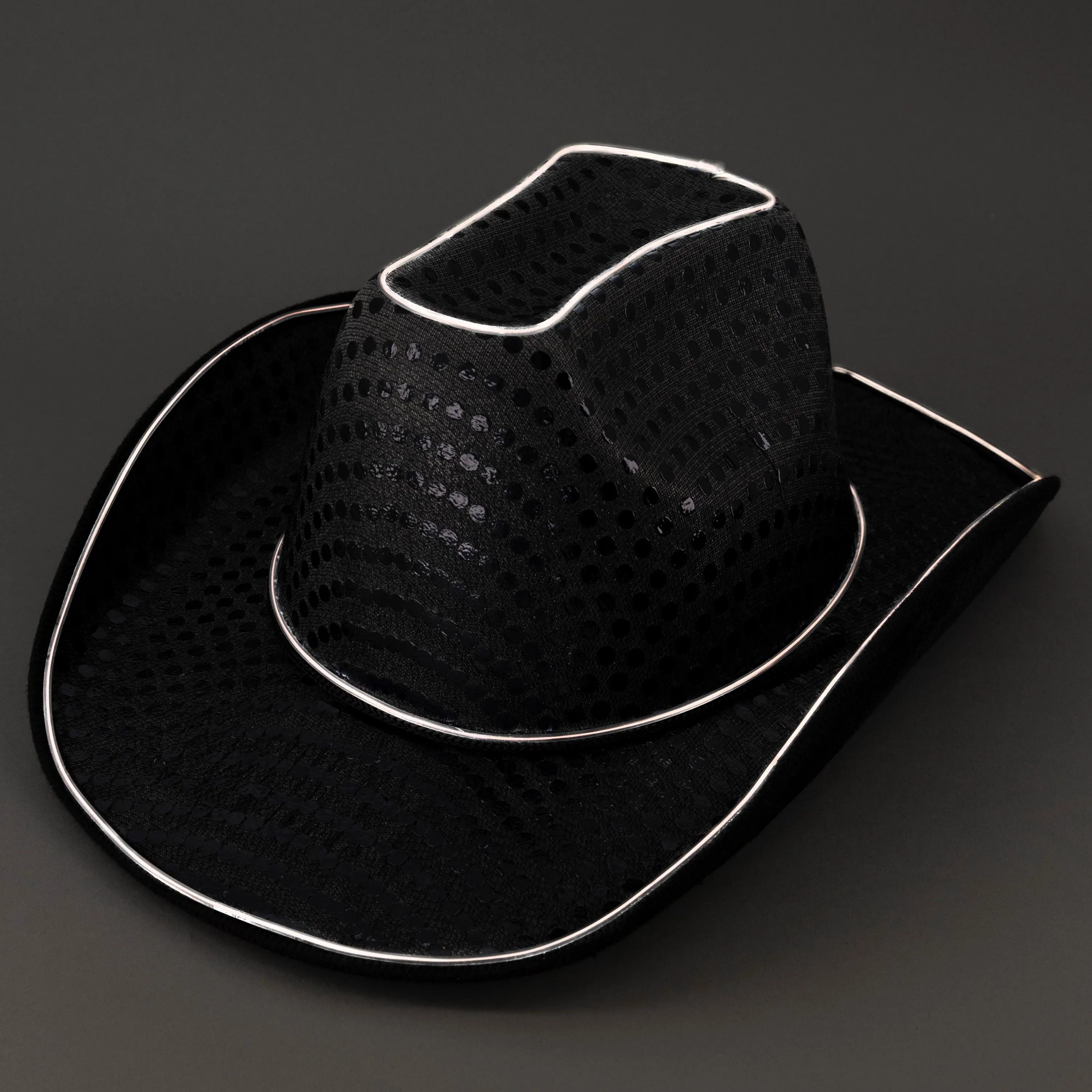 LED Flashing Black EL Wire Sequin Cowboy Party Hat - Pack of 96 Hats
