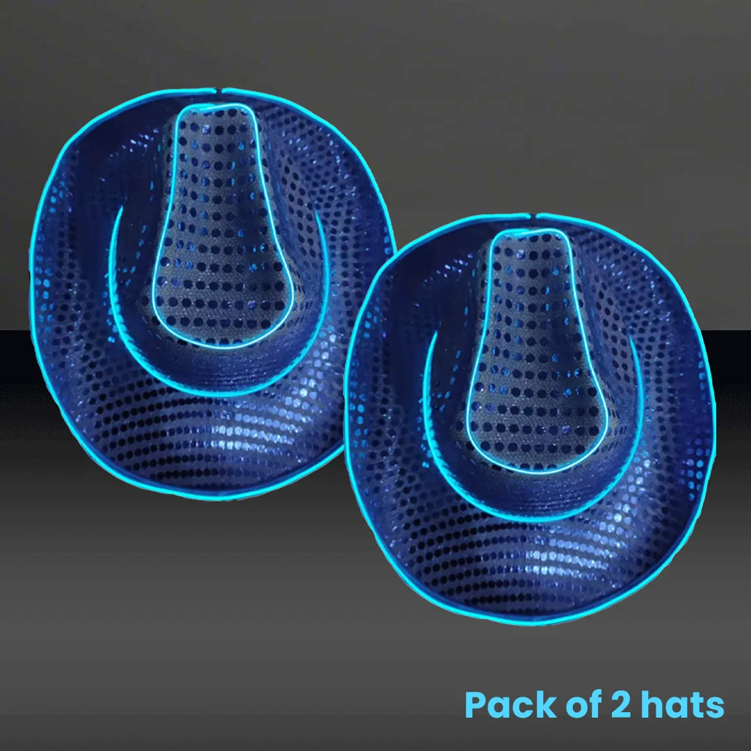 LED Flashing Blue EL Wire Sequin Cowboy Party Hat - Pack of 2 Hats
