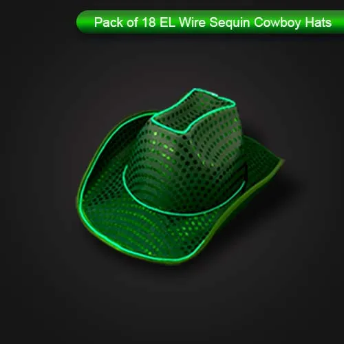 LED Flashing Green EL Wire Sequin Cowboy Party Hat - Pack of 18 Hats