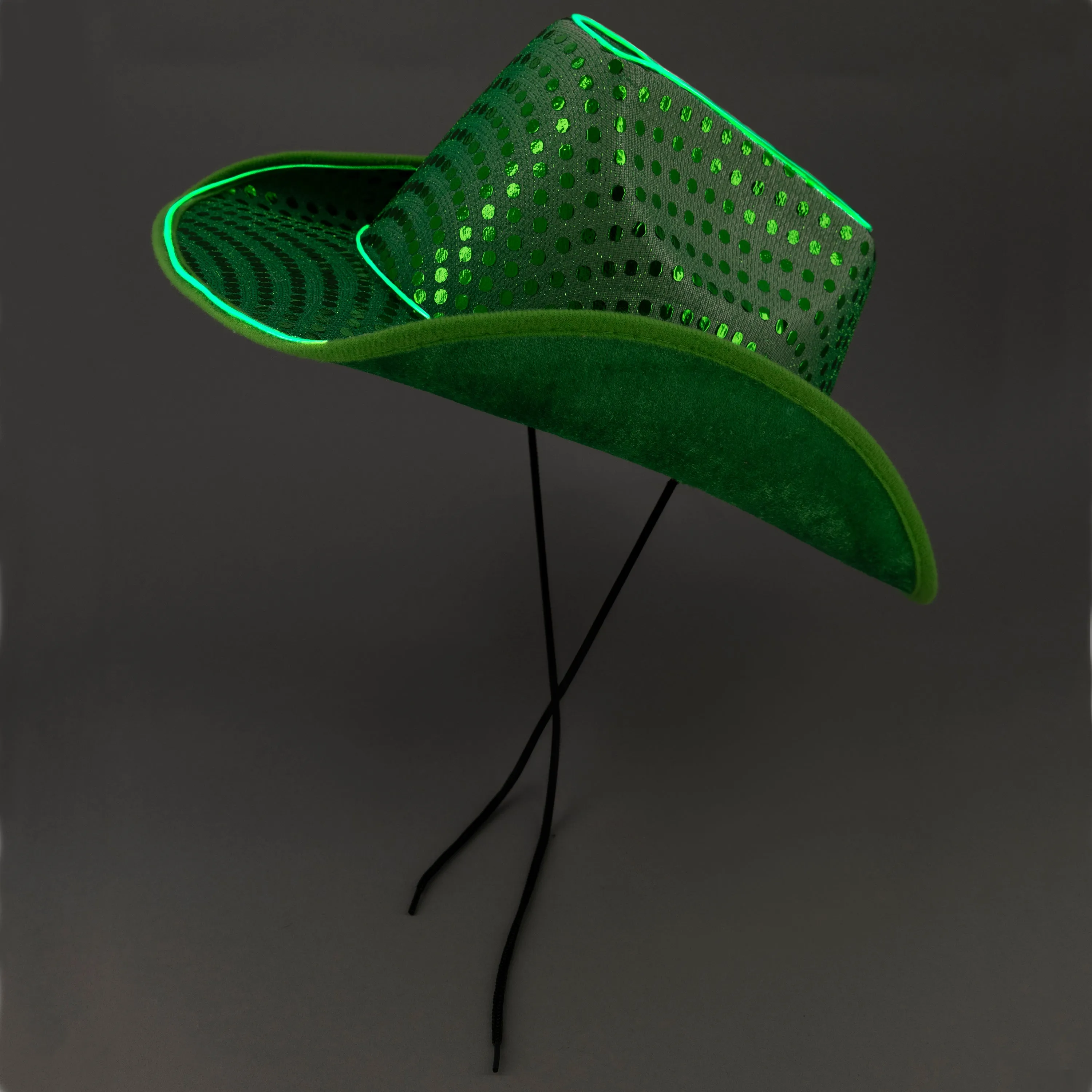 LED Flashing Green EL Wire Sequin Cowboy Party Hat - Pack of 18 Hats