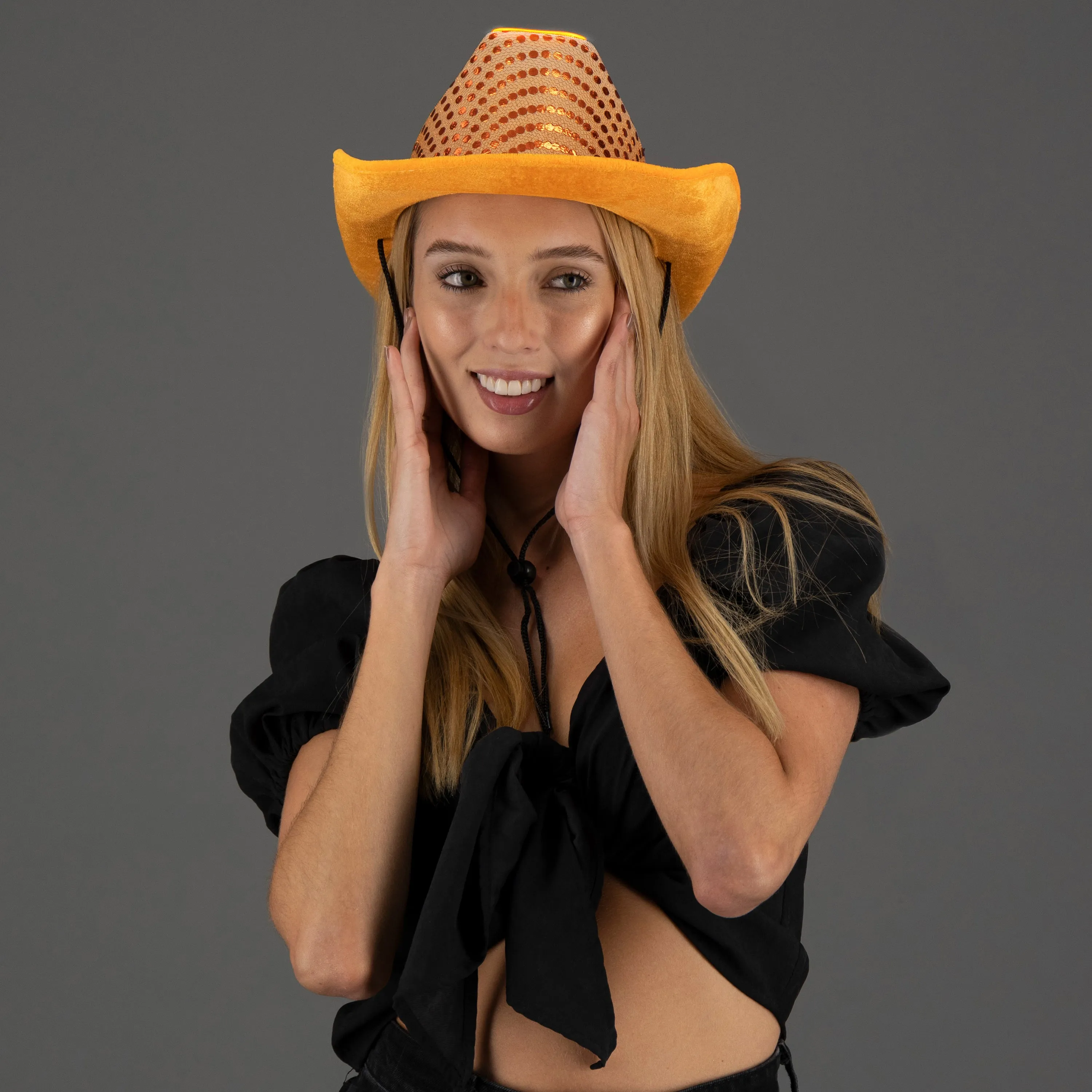 LED Flashing Orange EL Wire Sequin Cowboy Party Hat - Pack of 3 Hats
