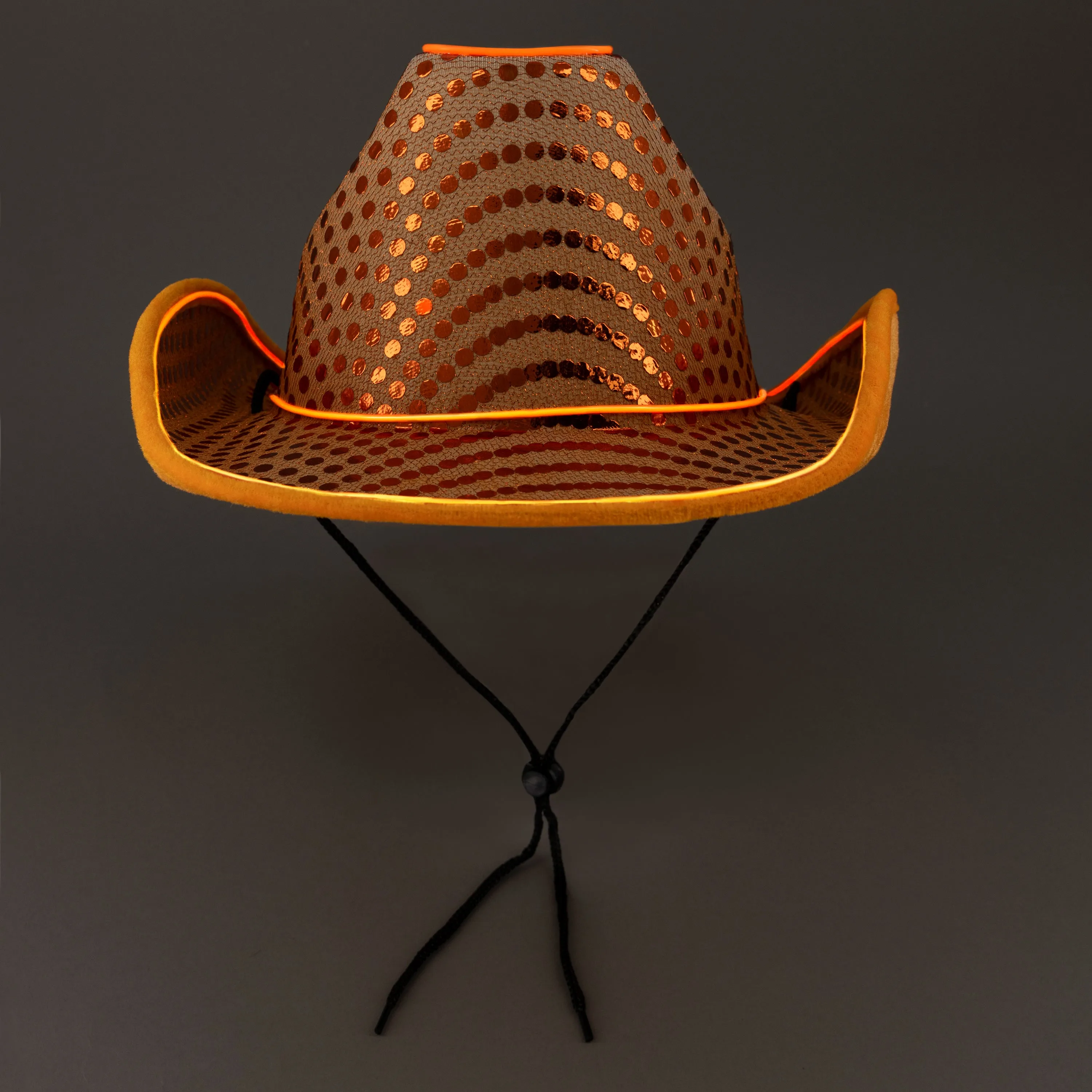 LED Flashing Orange EL Wire Sequin Cowboy Party Hat - Pack of 3 Hats