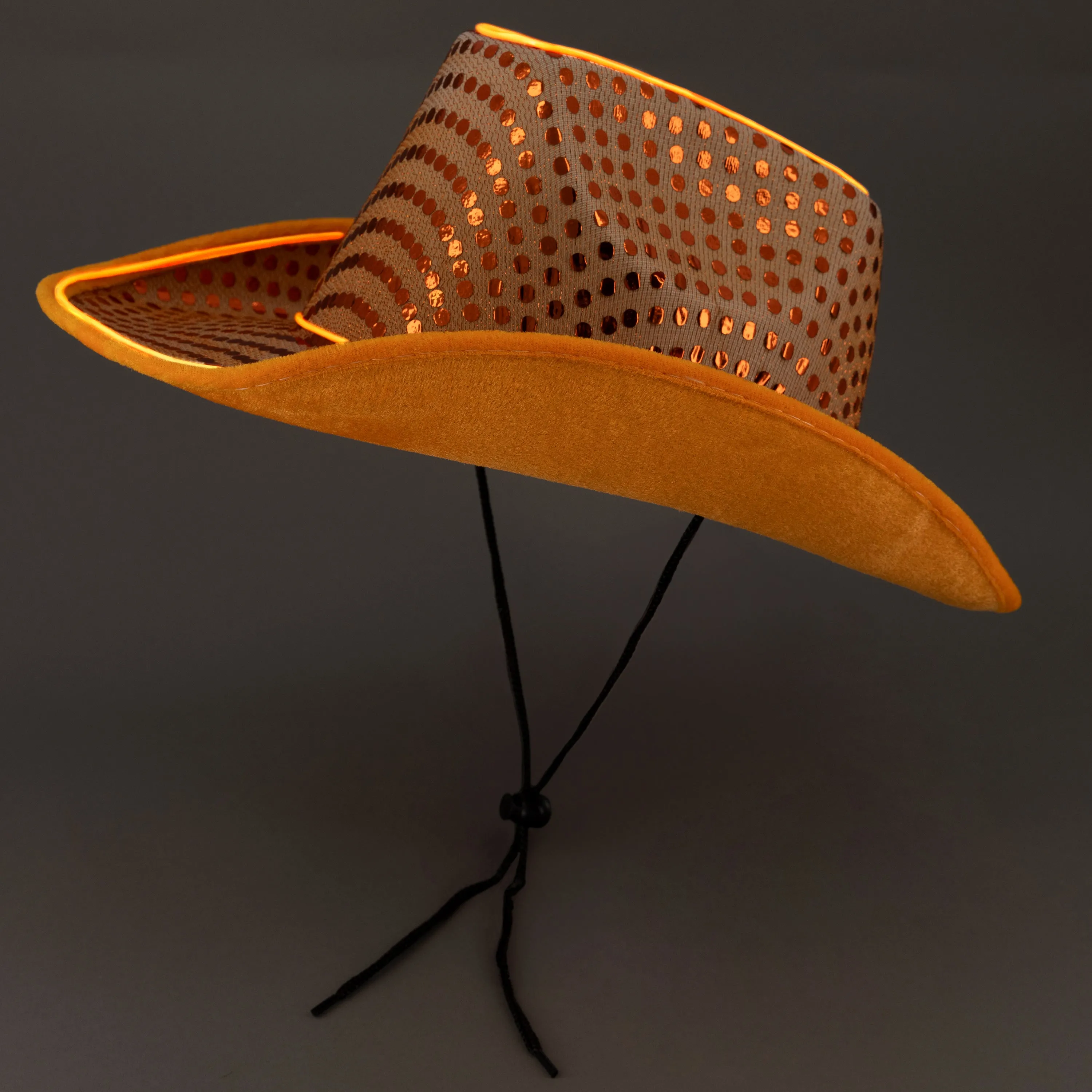 LED Flashing Orange EL Wire Sequin Cowboy Party Hat - Pack of 3 Hats