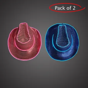 LED Light Up Flashing EL Wire Sequin Blue & Pink Cowboy Party Hat - Pack of 2 Hats