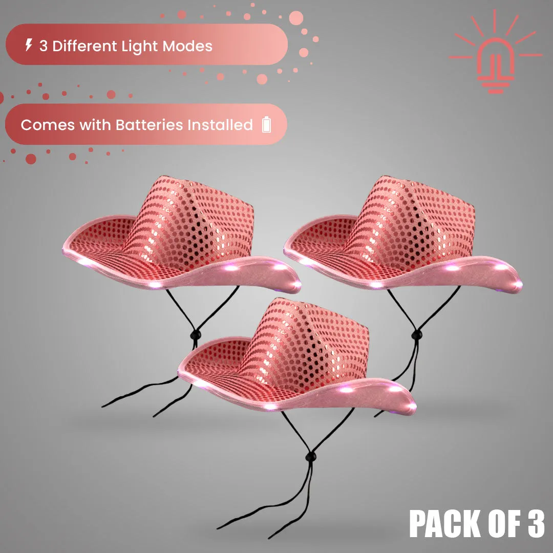 LED Light Up Flashing Sequin Pink Cowboy Hat - Pack of 3 Hats