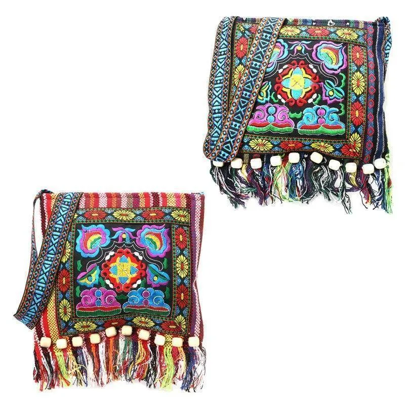 Linen Thai Embroidery Totes Shoulder Tassels National Tibet Floral Soft Bags