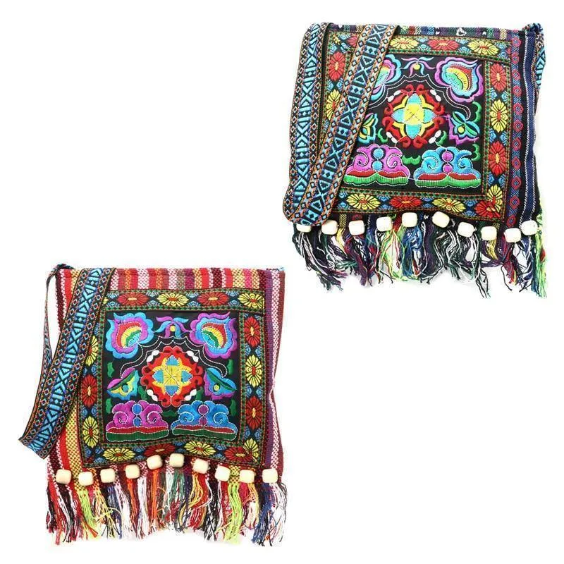Linen Thai Embroidery Totes Shoulder Tassels National Tibet Floral Soft Bags