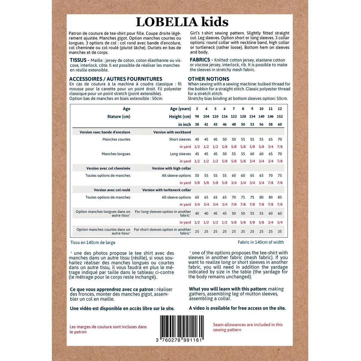 Lobelia Kids Tee-shirt Sewing Pattern - Girls 3/12 - Ikatee