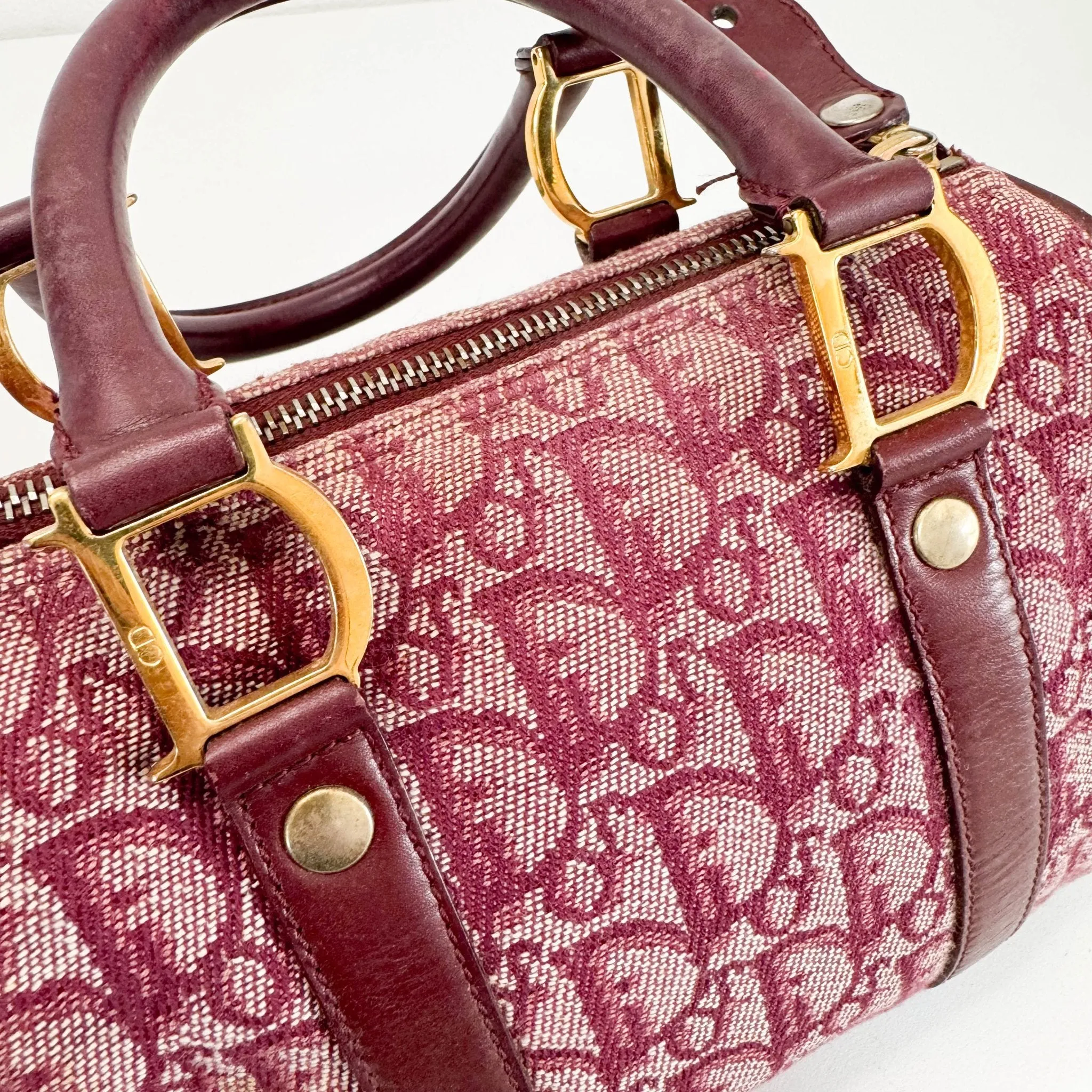 Mini Boston Bag Trotter Canvas Leather Wine Red Gold