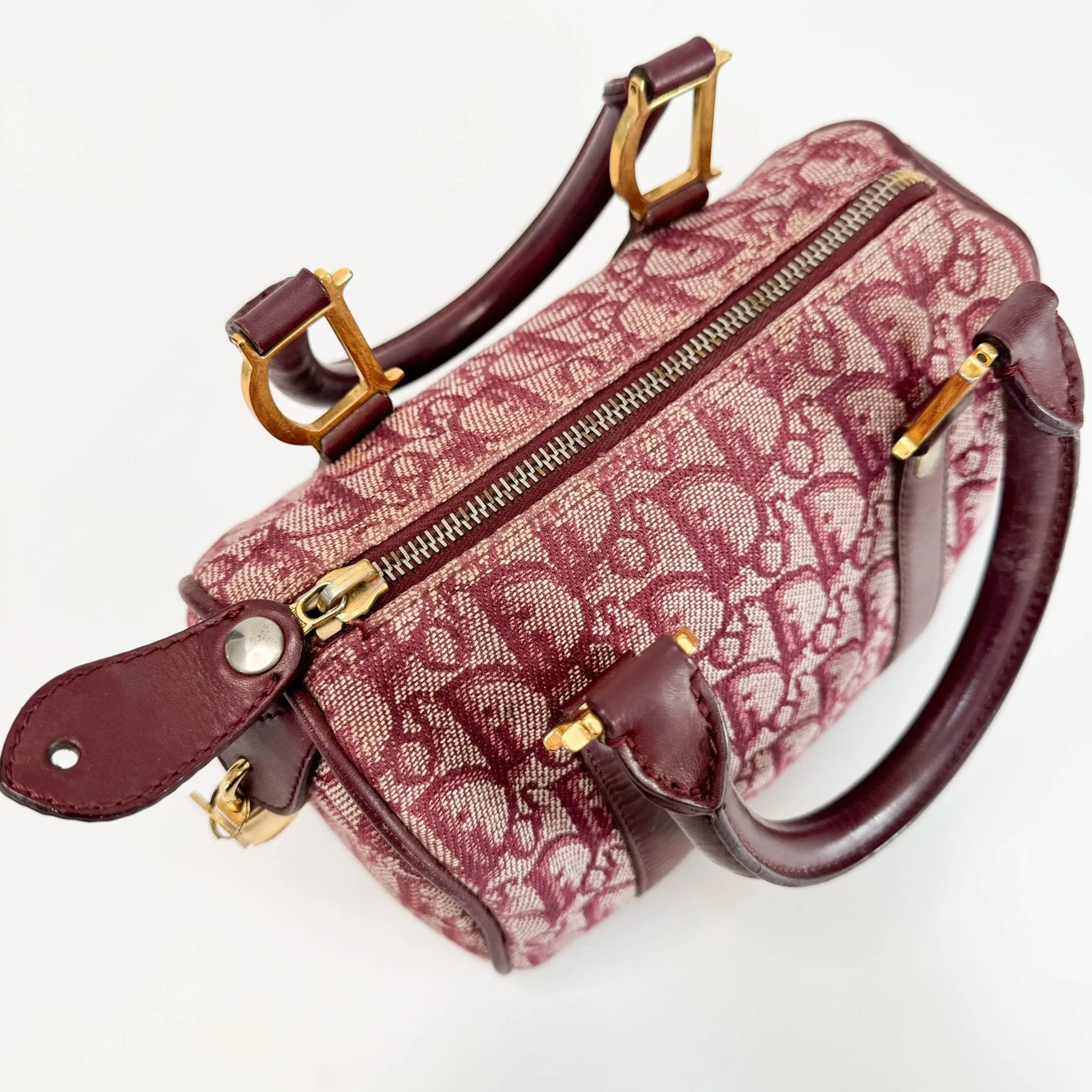 Mini Boston Bag Trotter Canvas Leather Wine Red Gold