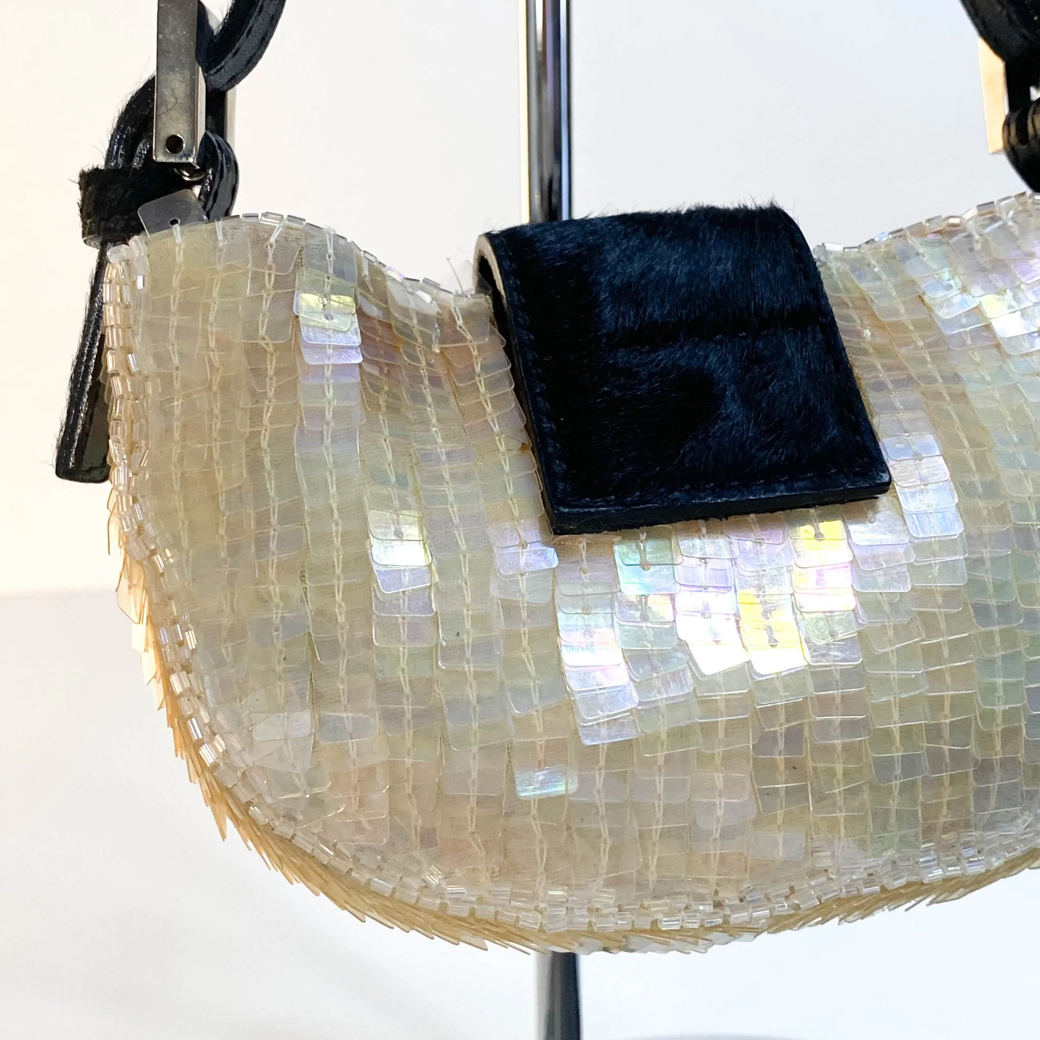Mini Croissant Ivory Sequin / Calf Pony Hair