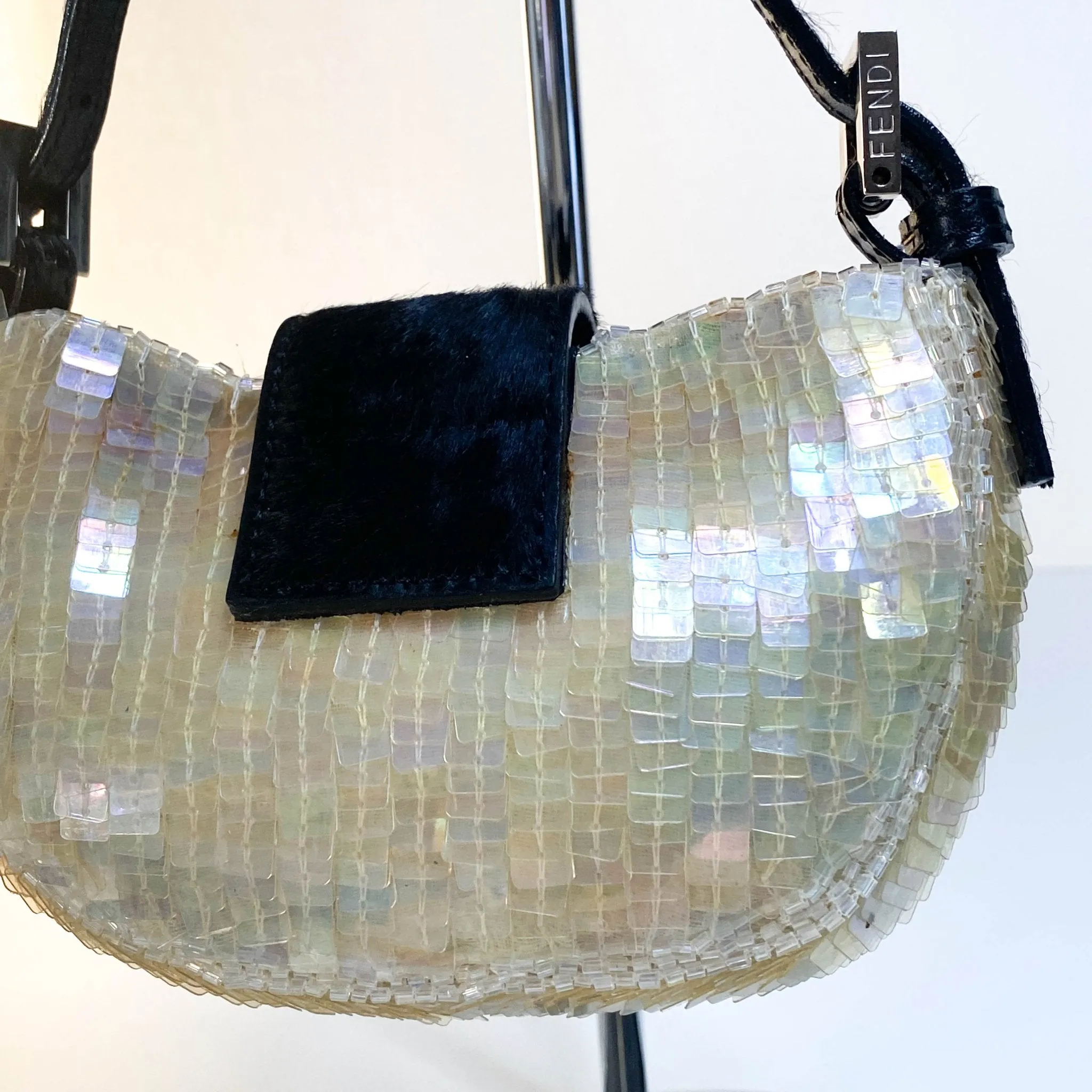 Mini Croissant Ivory Sequin / Calf Pony Hair