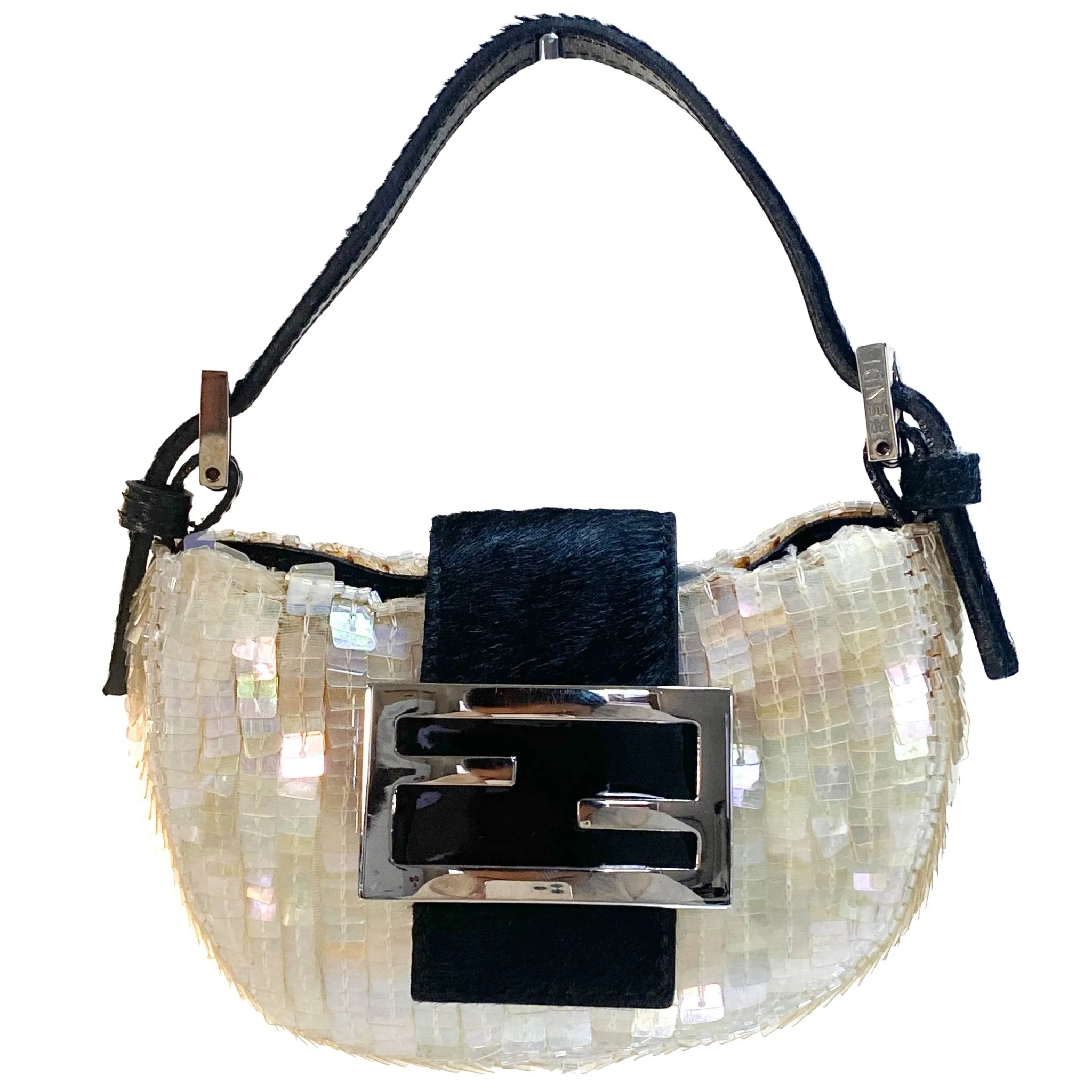 Mini Croissant Ivory Sequin / Calf Pony Hair