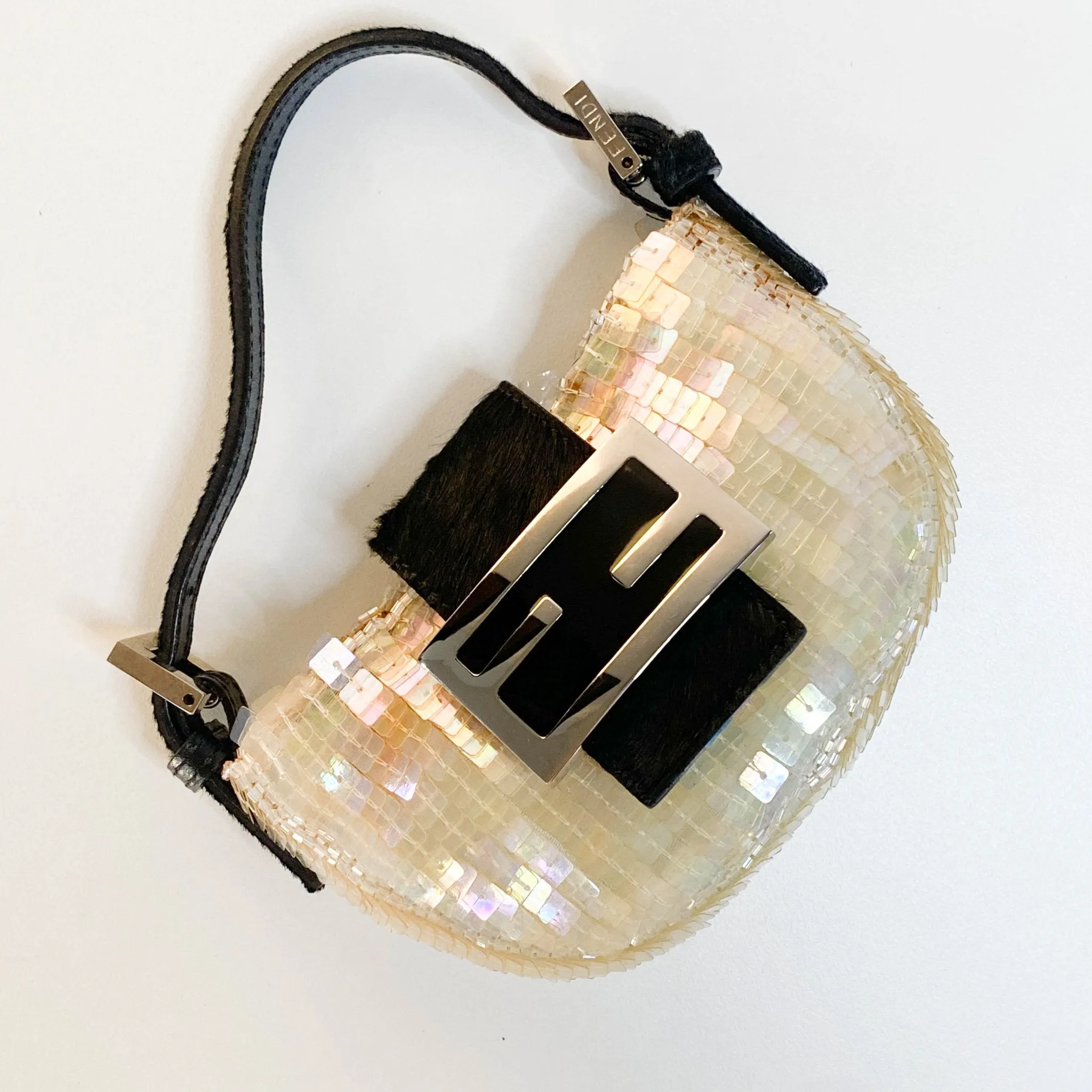 Mini Croissant Ivory Sequin / Calf Pony Hair