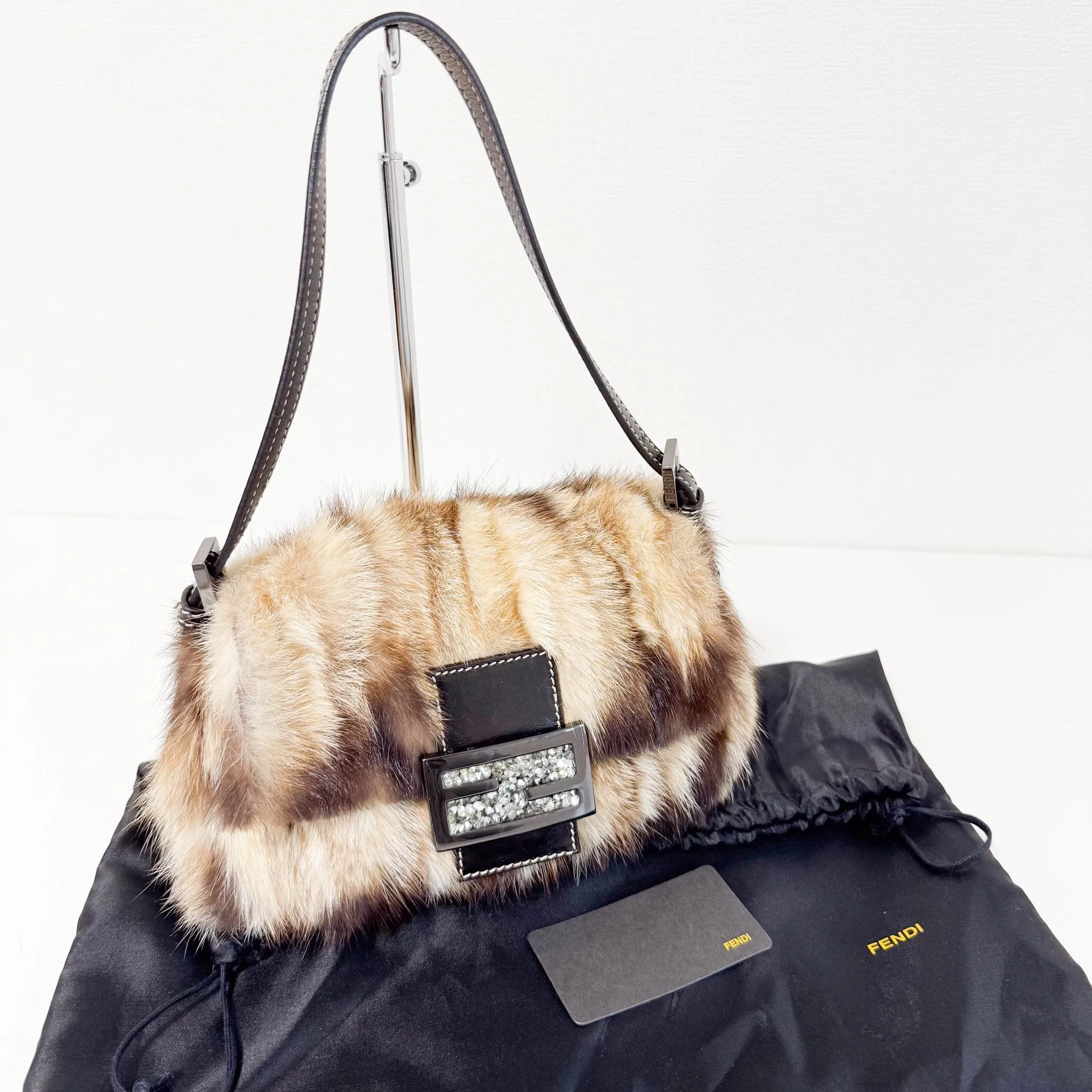 Mini Mamma Baguette Fur Shoulder Bag Rhinestone Hardware
