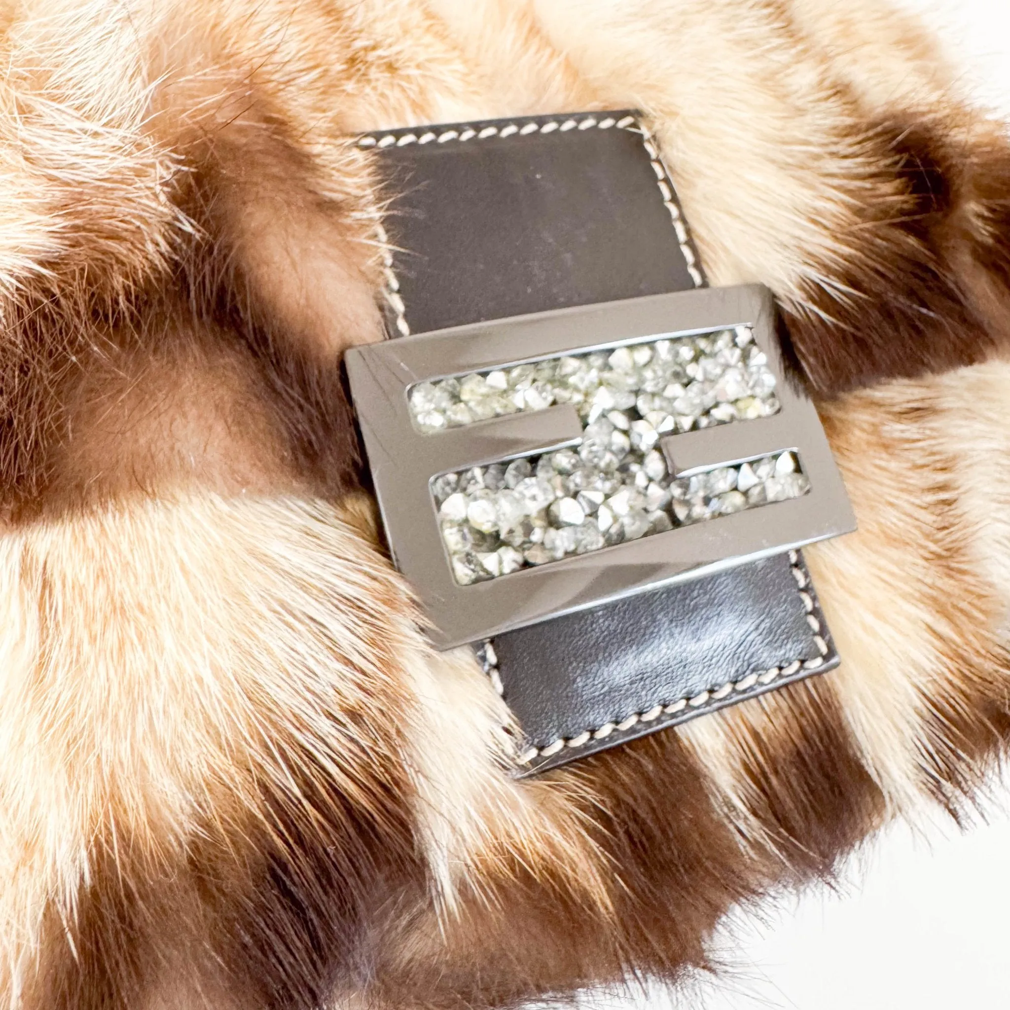 Mini Mamma Baguette Fur Shoulder Bag Rhinestone Hardware