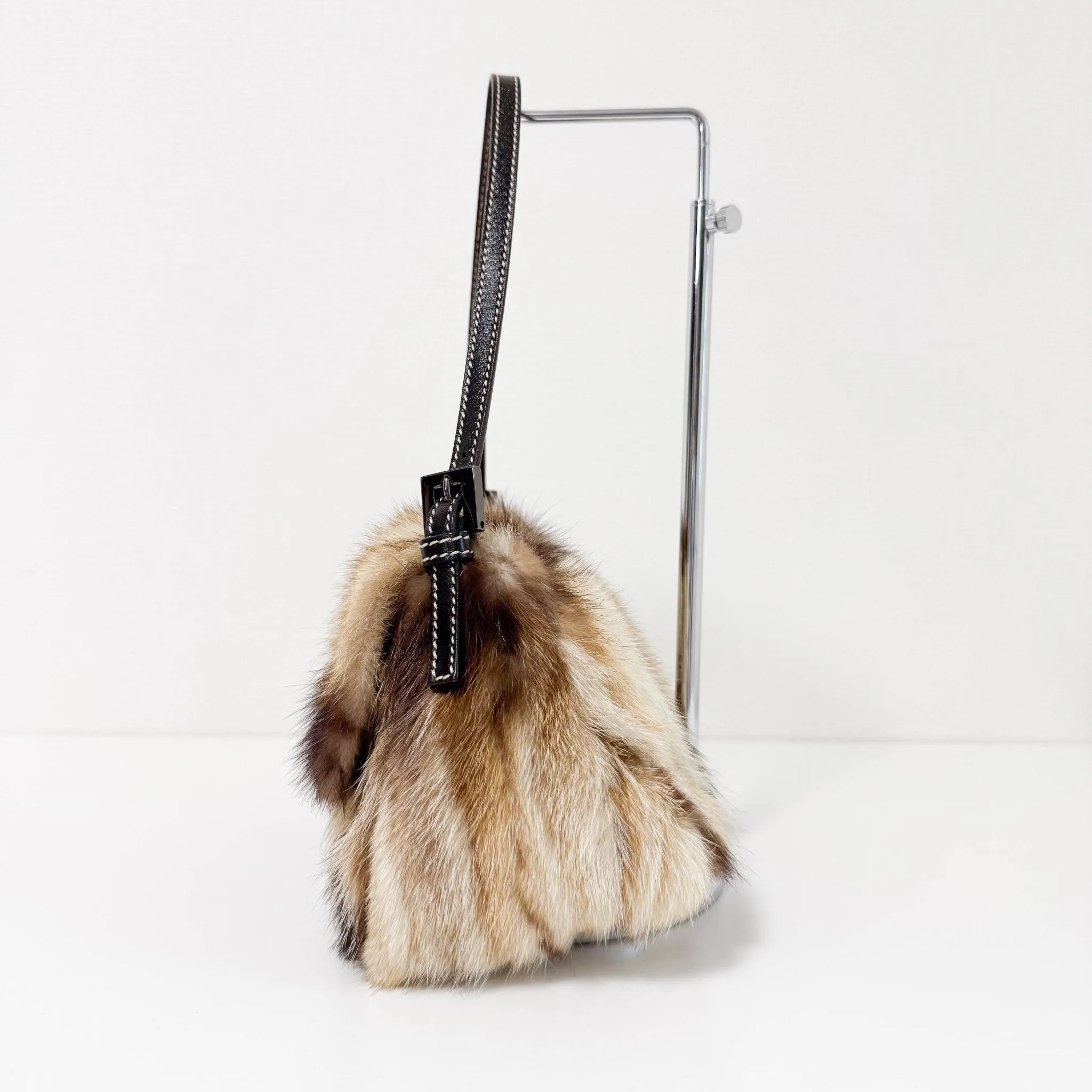 Mini Mamma Baguette Fur Shoulder Bag Rhinestone Hardware
