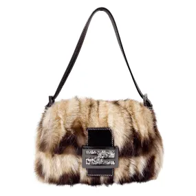 Mini Mamma Baguette Fur Shoulder Bag Rhinestone Hardware