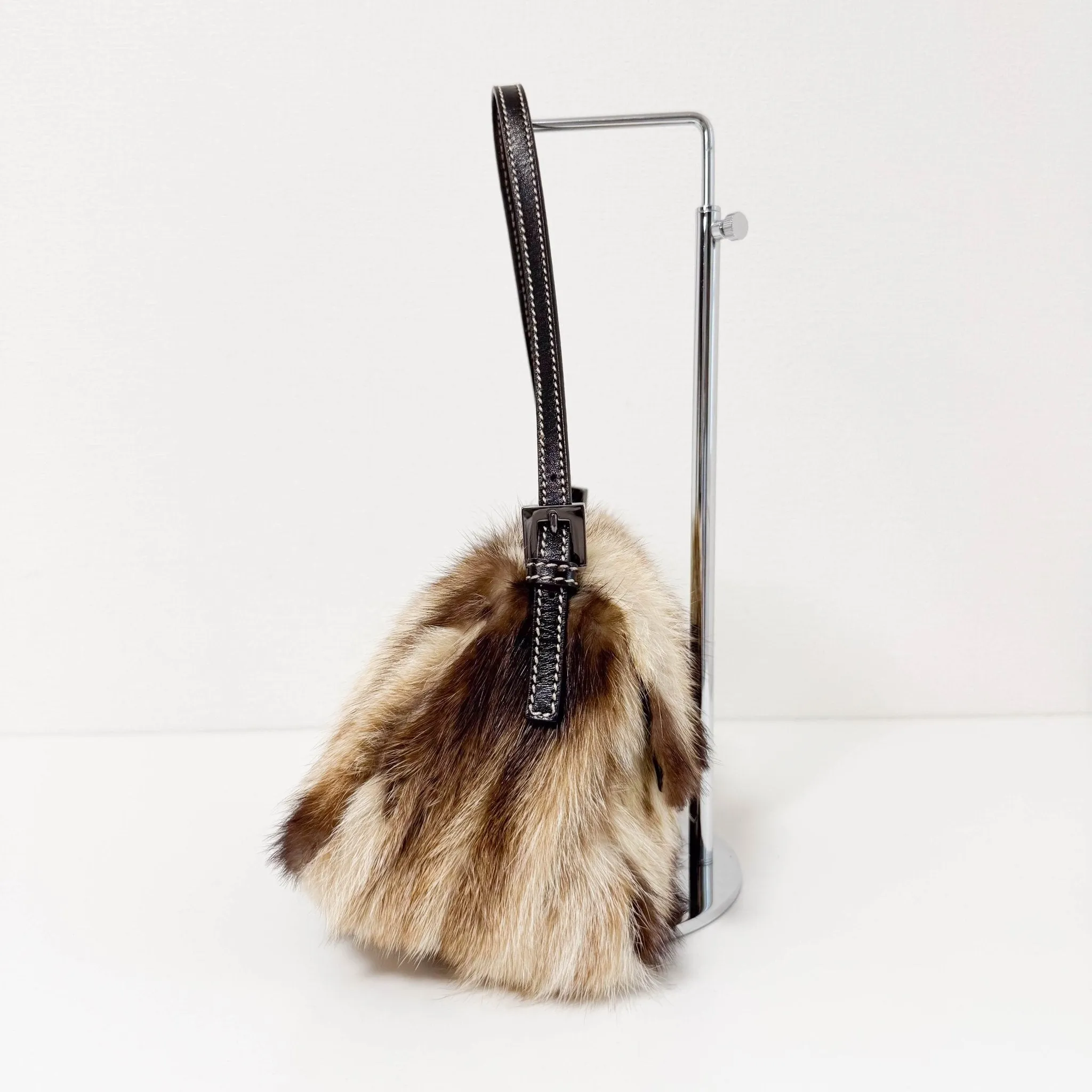 Mini Mamma Baguette Fur Shoulder Bag Rhinestone Hardware