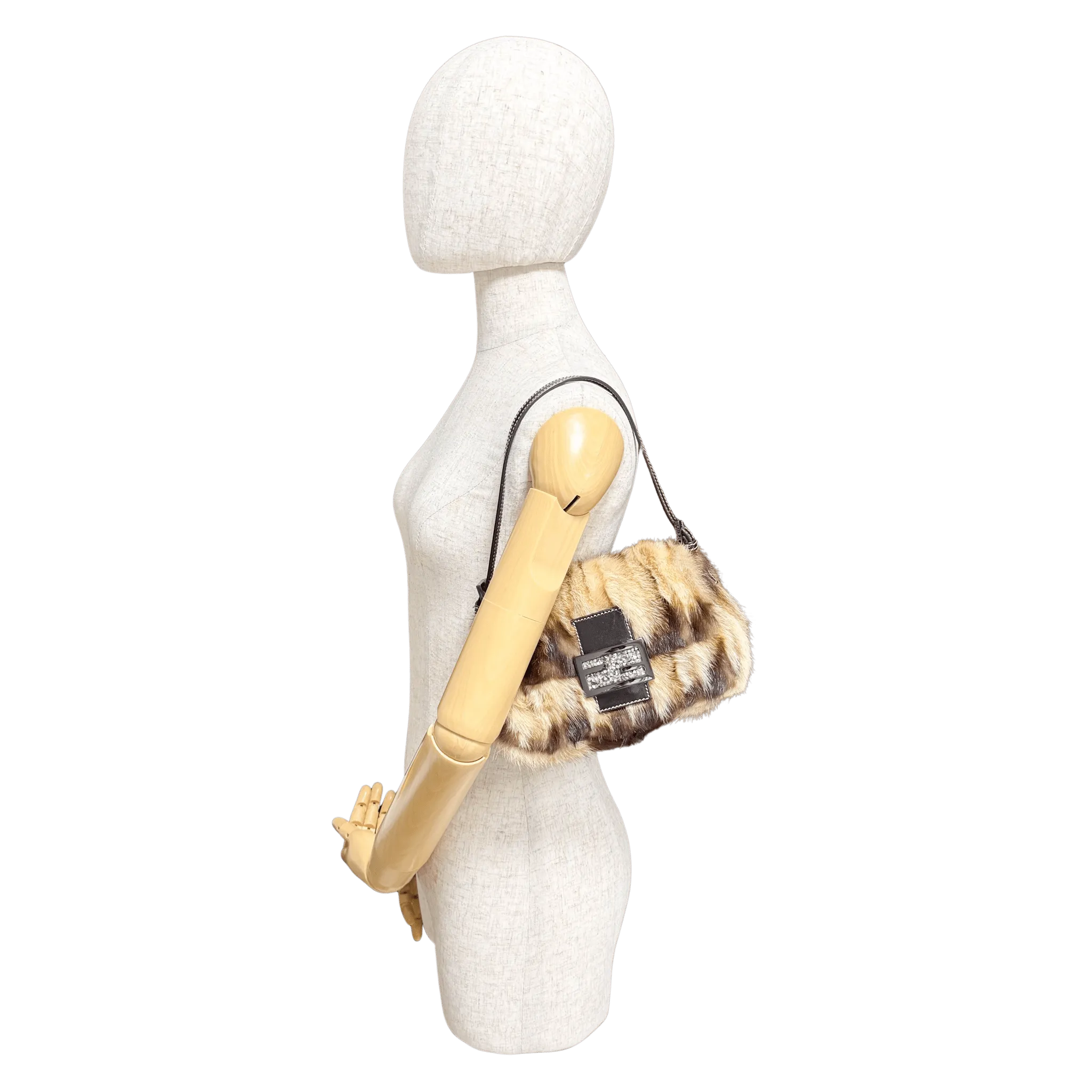 Mini Mamma Baguette Fur Shoulder Bag Rhinestone Hardware