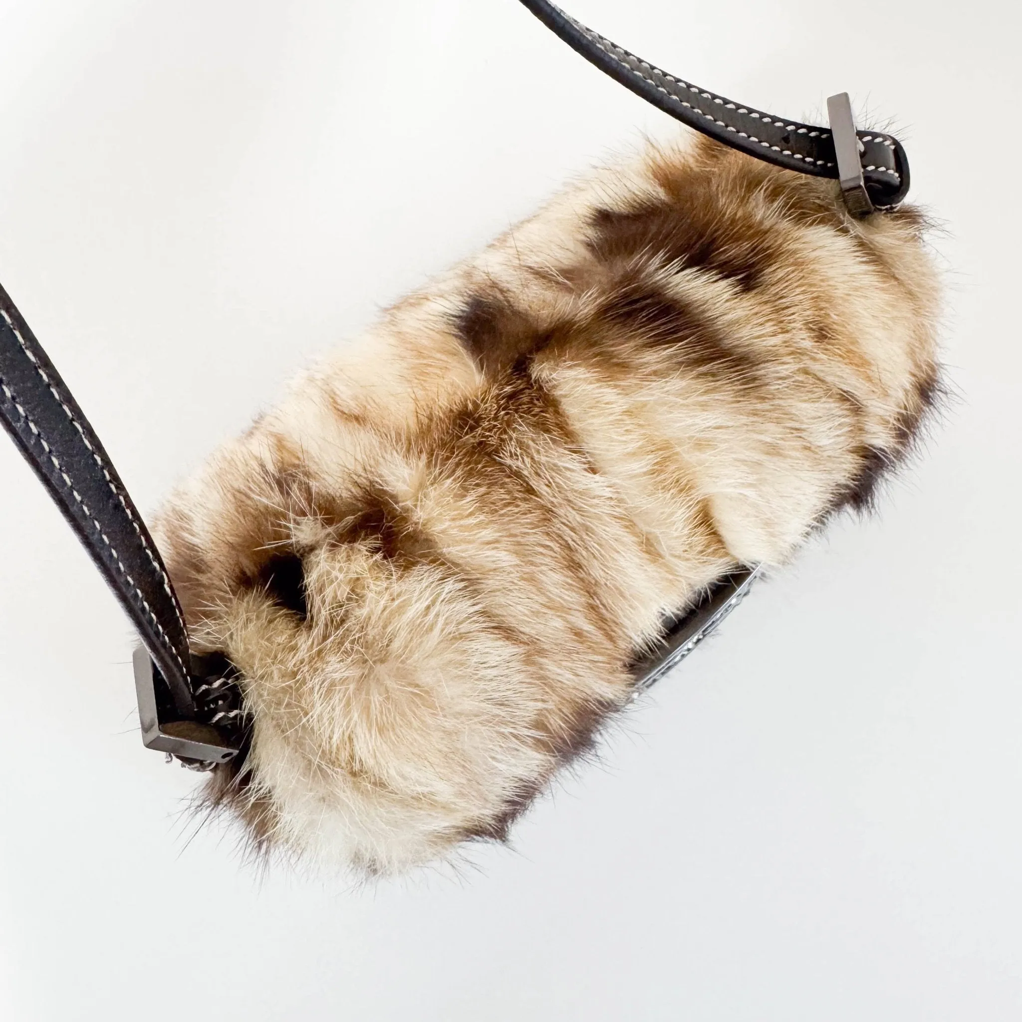 Mini Mamma Baguette Fur Shoulder Bag Rhinestone Hardware