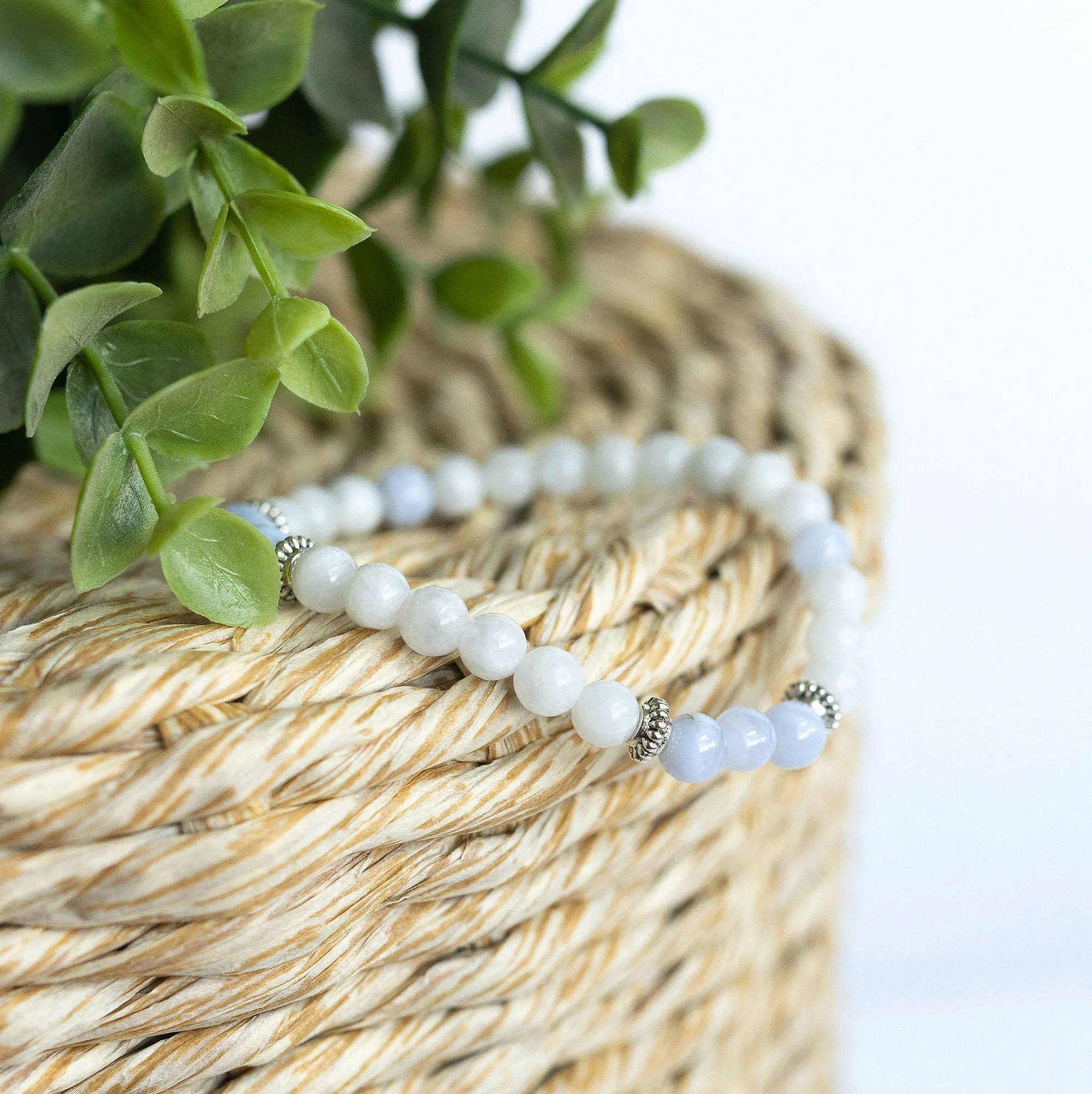 Moonstone and Blue Chalcedony Skinny Stacker Bracelet (6mm beads)