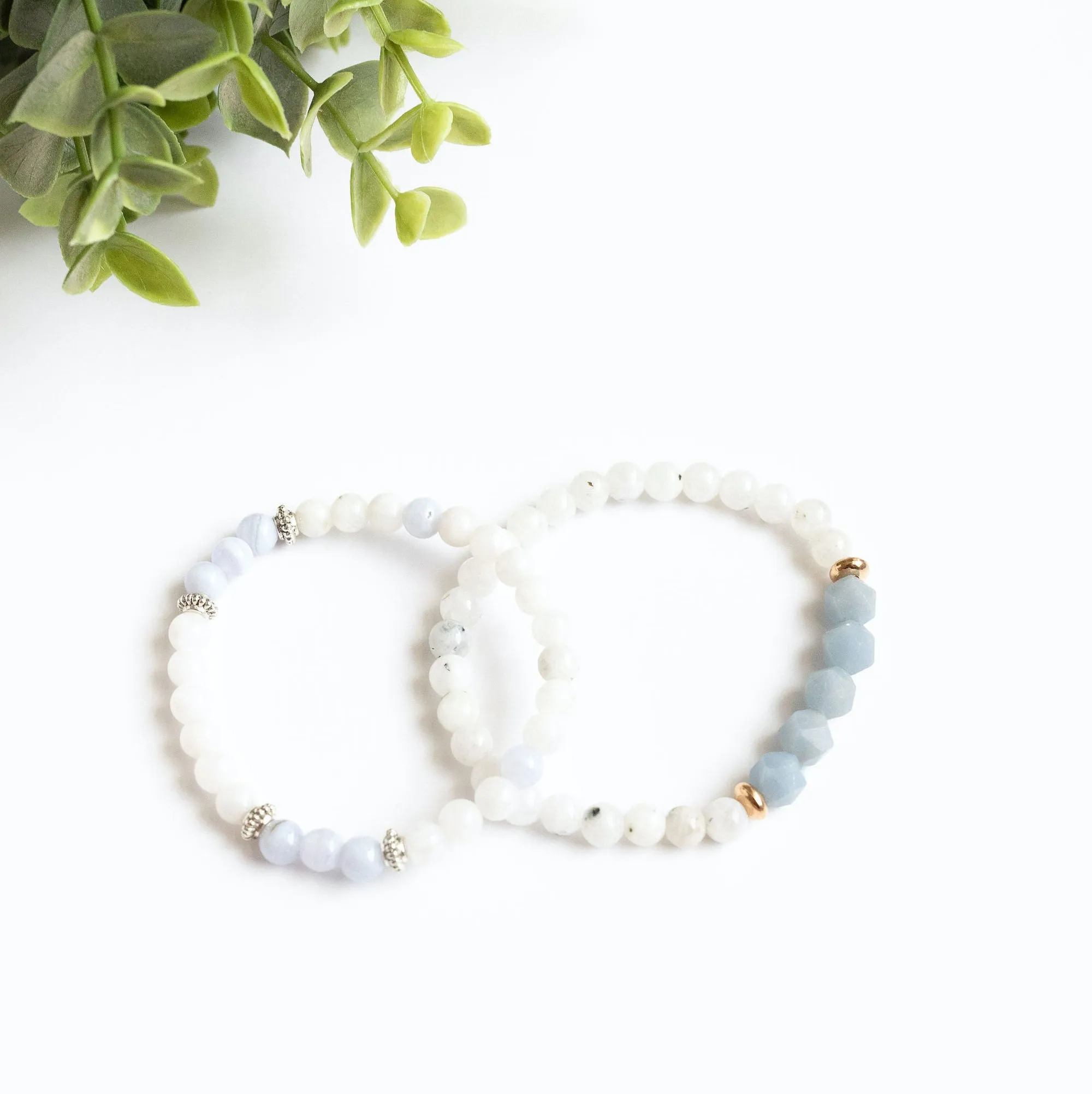 Moonstone and Blue Chalcedony Skinny Stacker Bracelet (6mm beads)