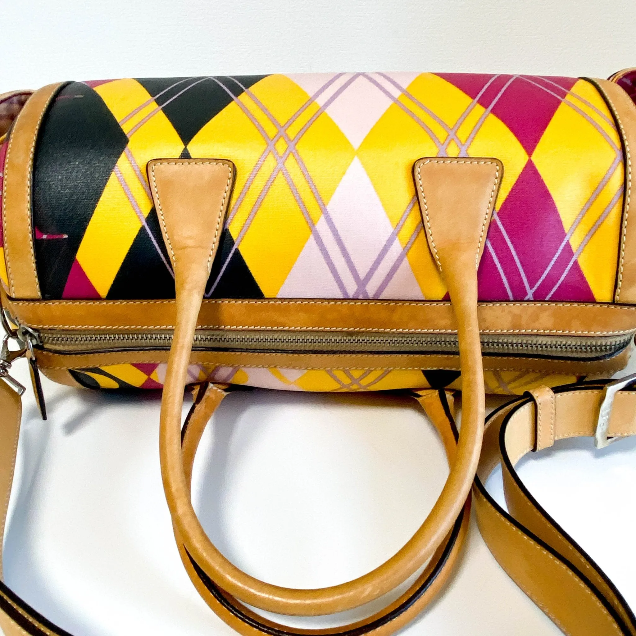 Multicolor Printed Coated Canvas and Leather Argyle Bag