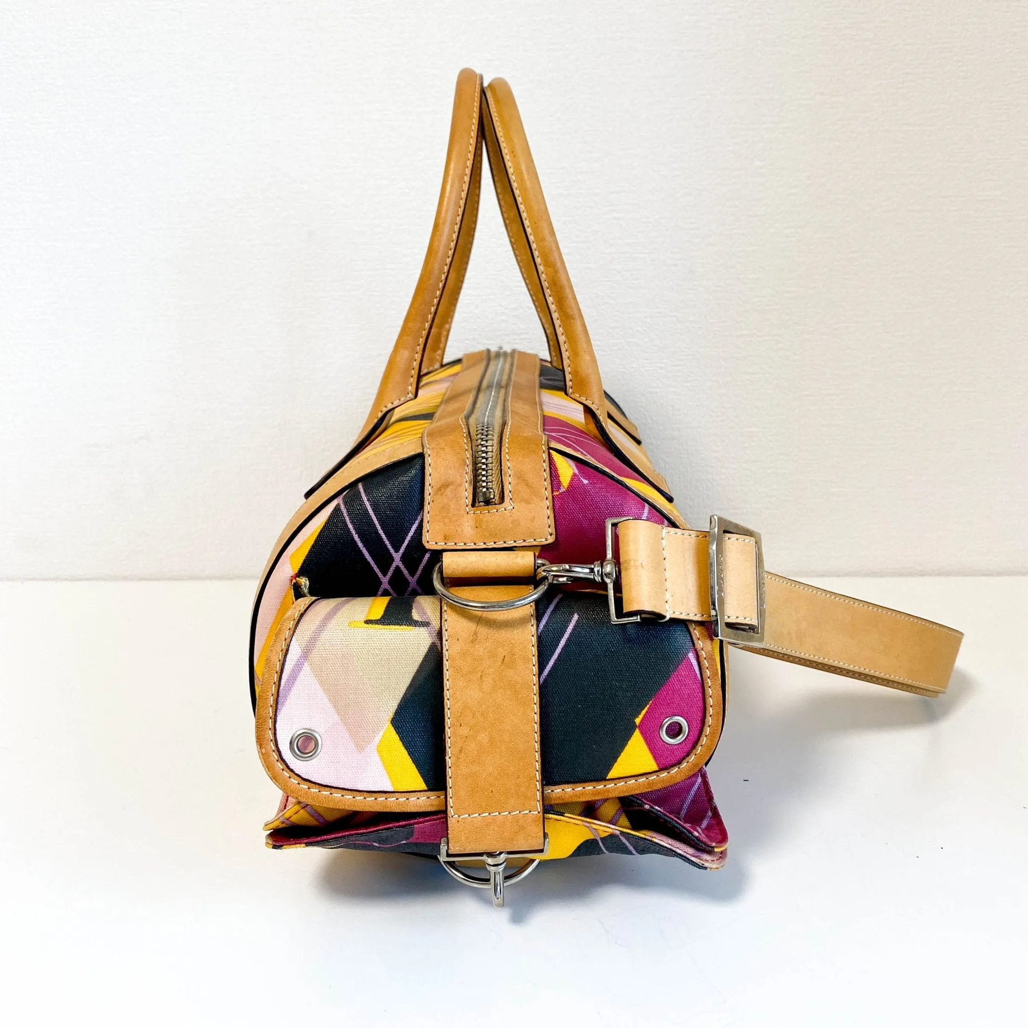 Multicolor Printed Coated Canvas and Leather Argyle Bag