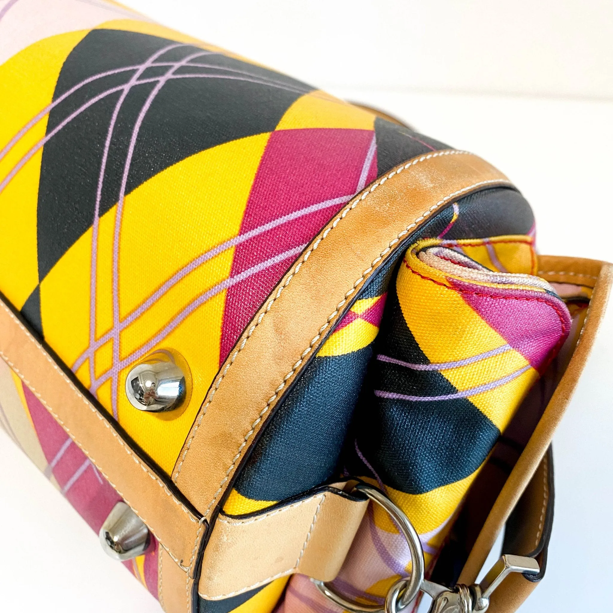 Multicolor Printed Coated Canvas and Leather Argyle Bag